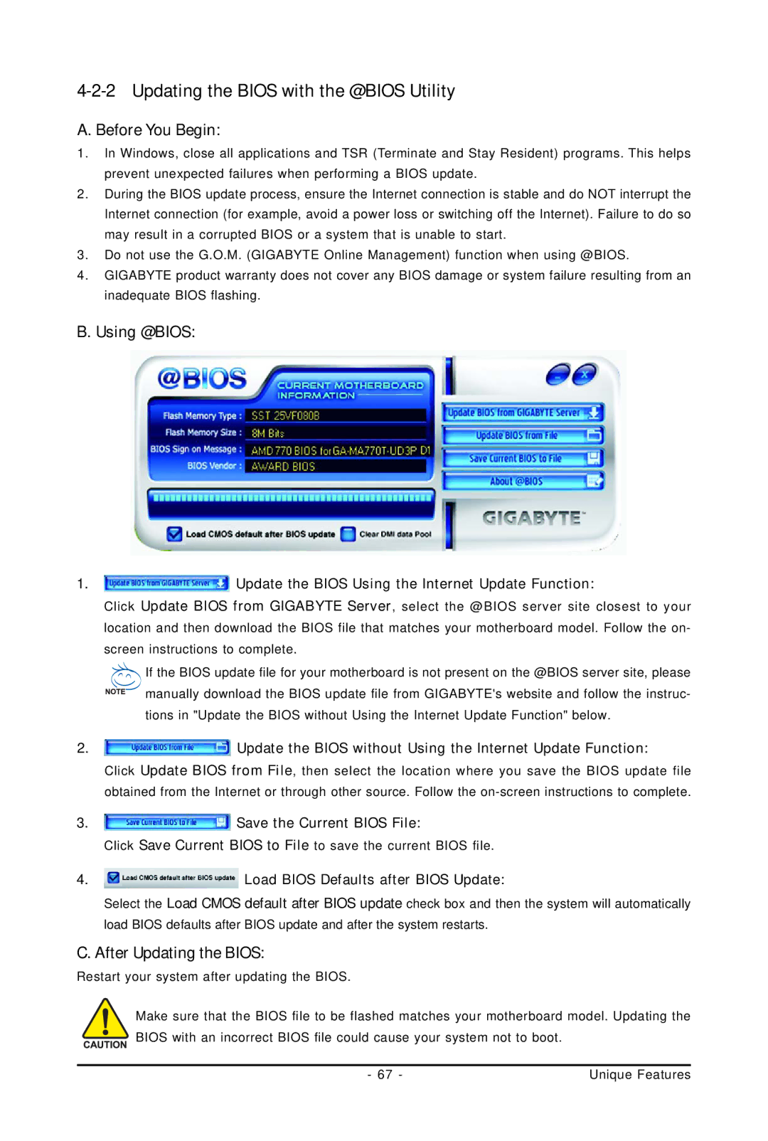 Gigabyte GA-MA770T-UD3P user manual Updating the Bios with the @BIOS Utility, Using @BIOS, After Updating the Bios 