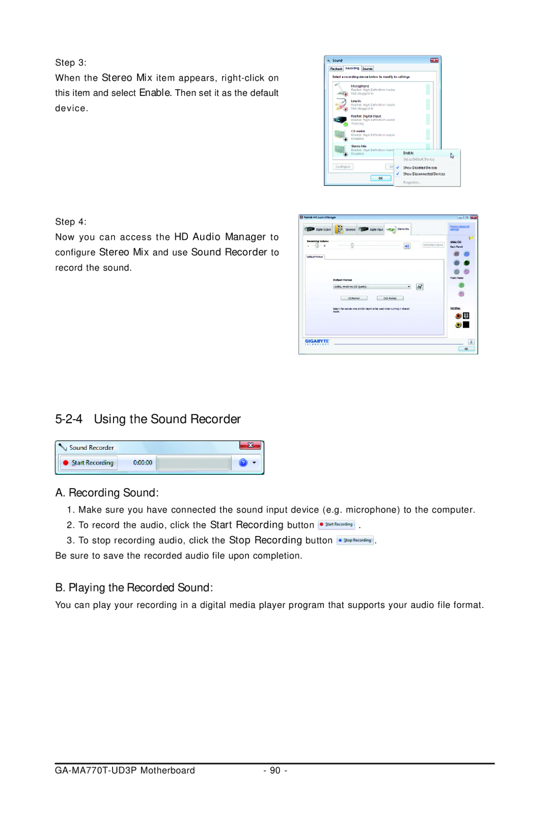 Gigabyte GA-MA770T-UD3P user manual Using the Sound Recorder, Recording Sound, Playing the Recorded Sound 