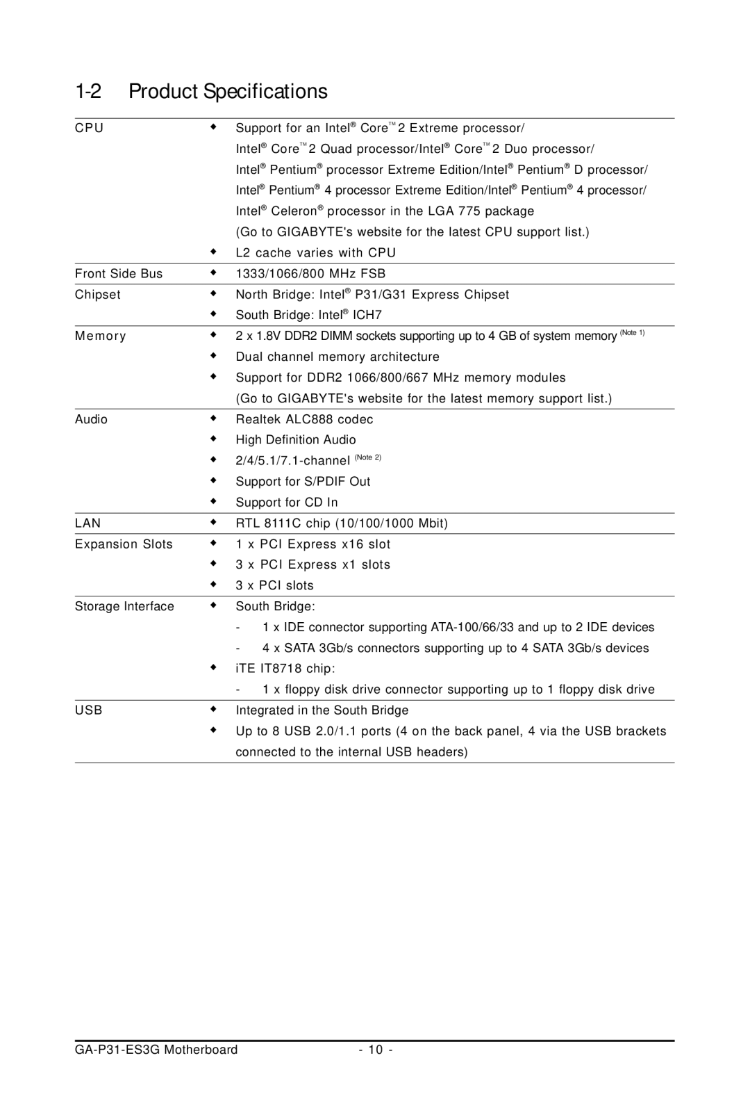 Gigabyte GA-P31-ES3G user manual Product Specifications, Cpu 