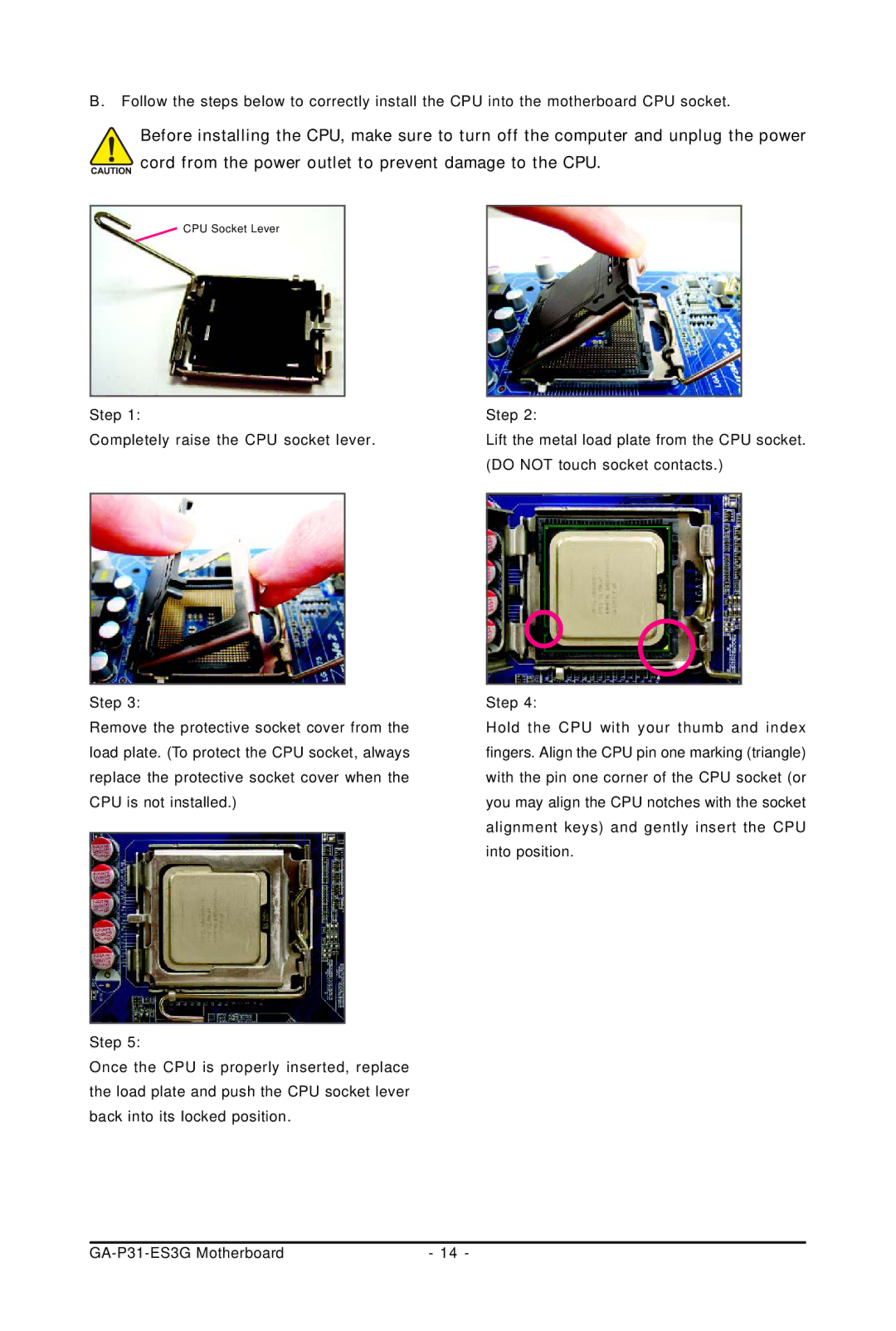 Gigabyte GA-P31-ES3G user manual CPU Socket Lever 