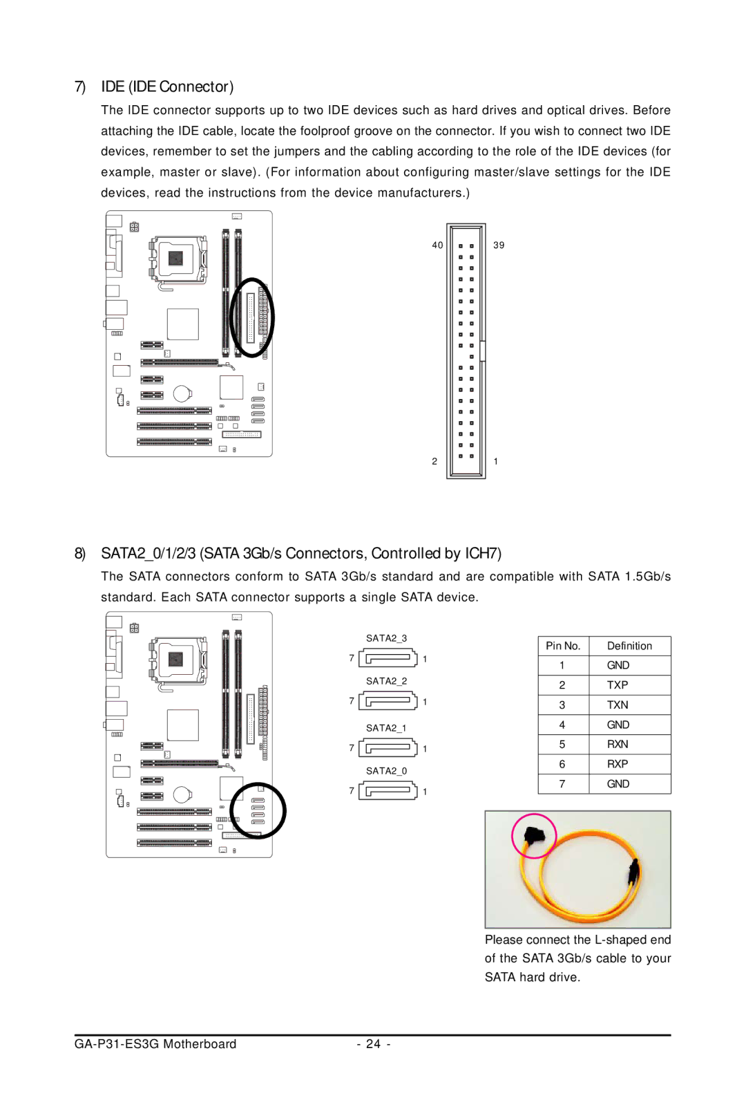 Gigabyte GA-P31-ES3G user manual IDE IDE Connector, SATA20/1/2/3 Sata 3Gb/s Connectors, Controlled by ICH7 