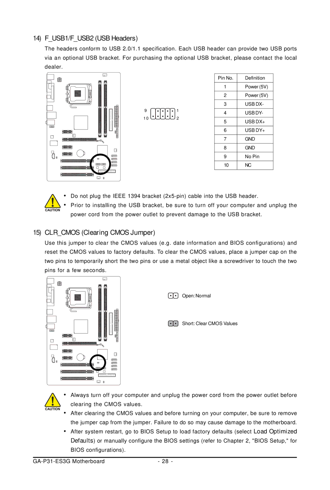 Gigabyte GA-P31-ES3G user manual FUSB1/FUSB2 USB Headers, Clrcmos Clearing Cmos Jumper 