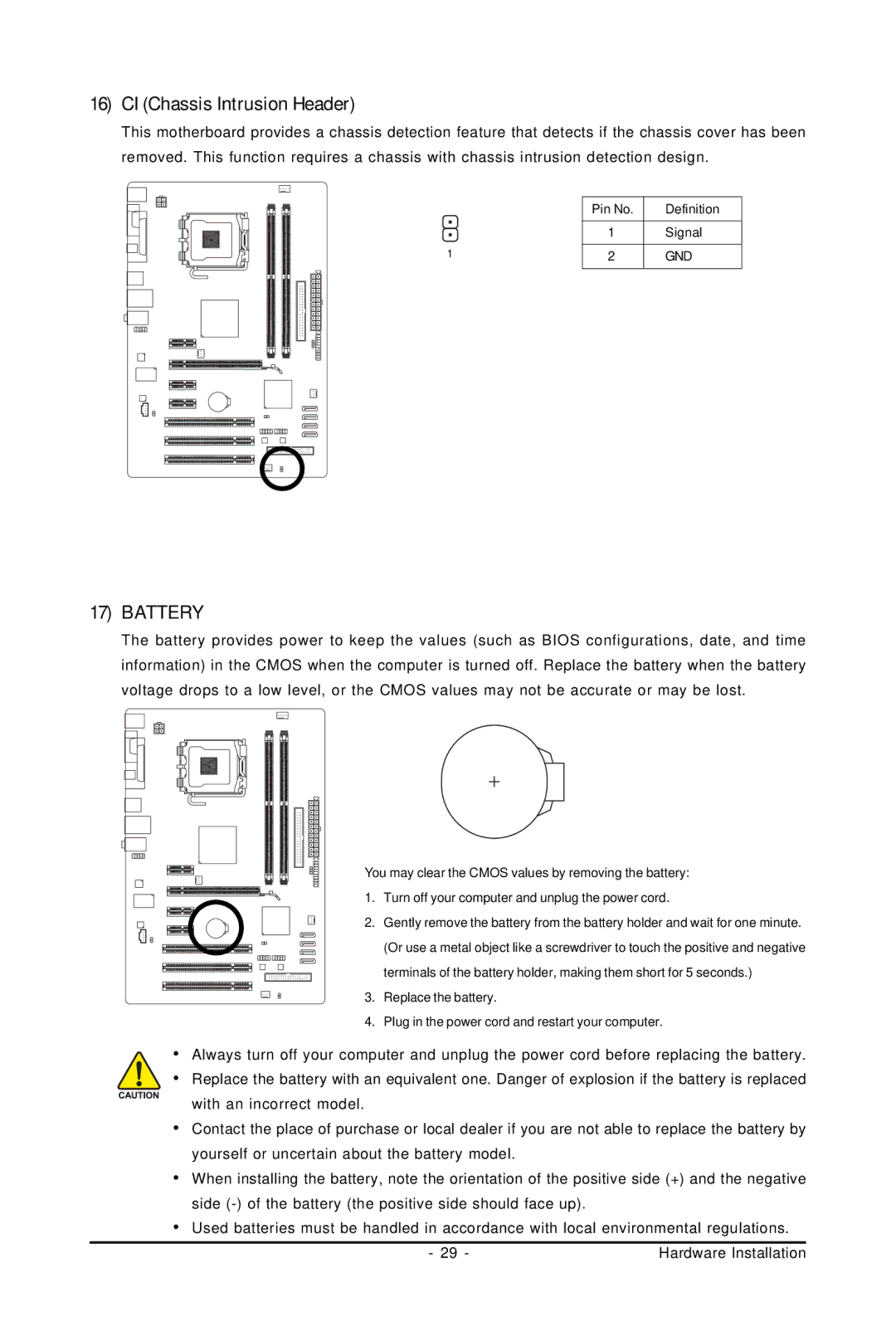 Gigabyte GA-P31-ES3G user manual CI Chassis Intrusion Header, Battery 