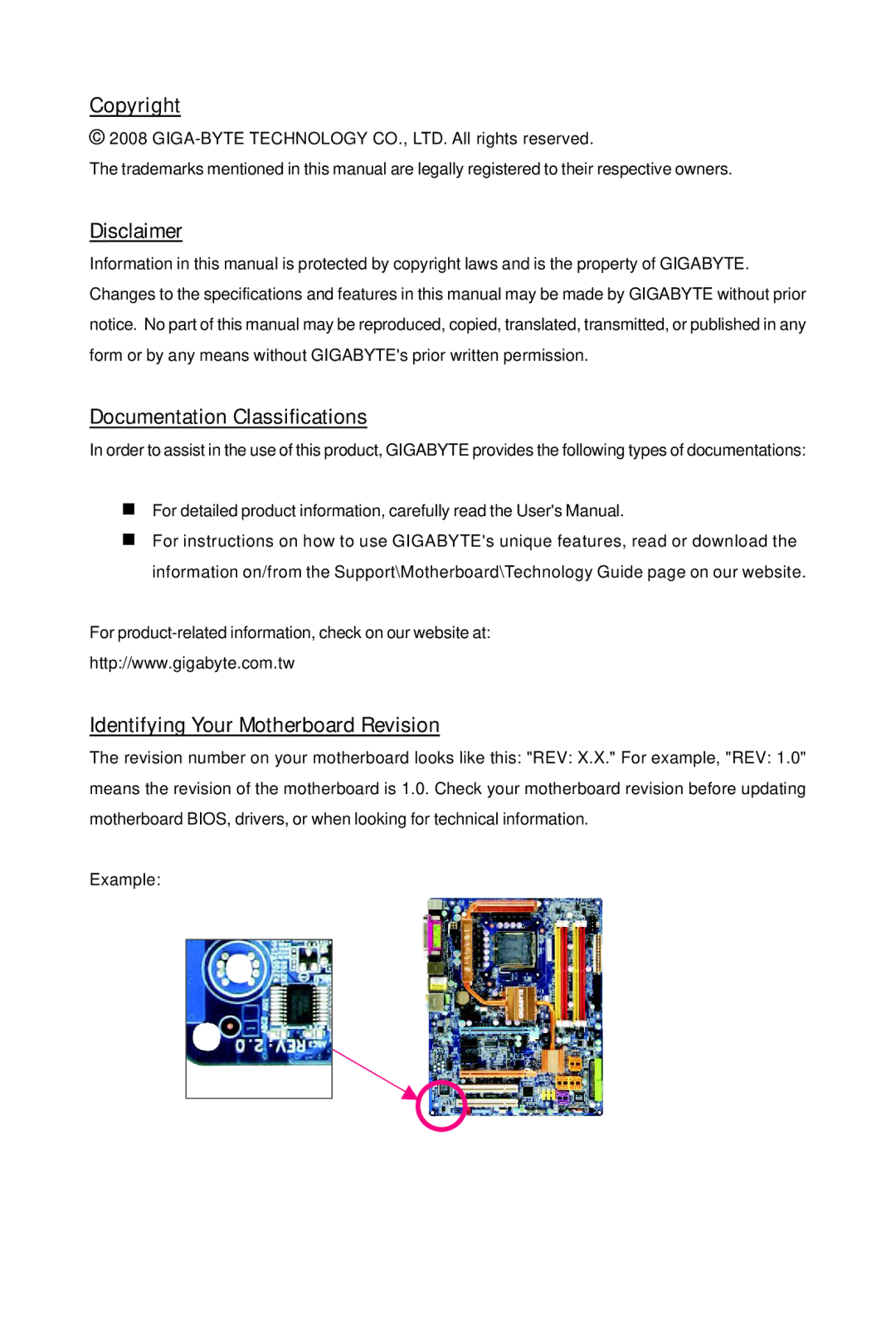 Gigabyte GA-P31-ES3G Copyright, Disclaimer, Documentation Classifications, Identifying Your Motherboard Revision 