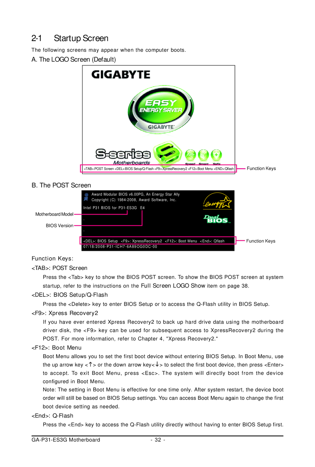 Gigabyte GA-P31-ES3G user manual Startup Screen, Logo Screen Default 