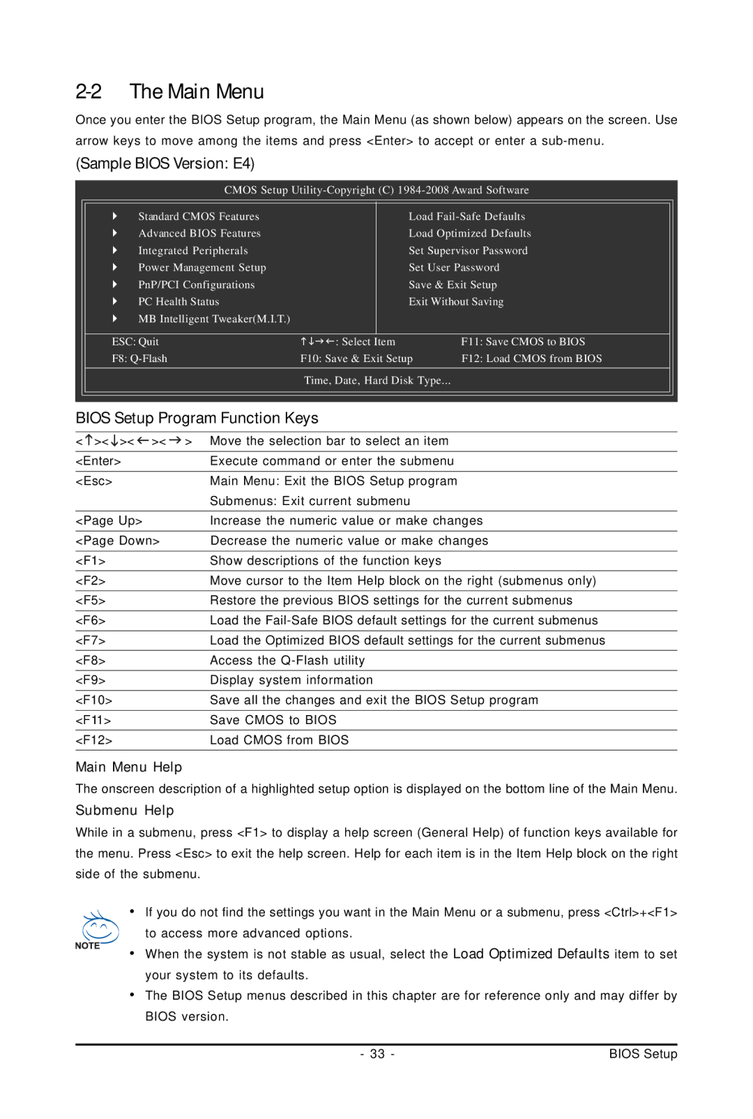 Gigabyte GA-P31-ES3G user manual Main Menu, Sample Bios Version E4, Bios Setup Program Function Keys 