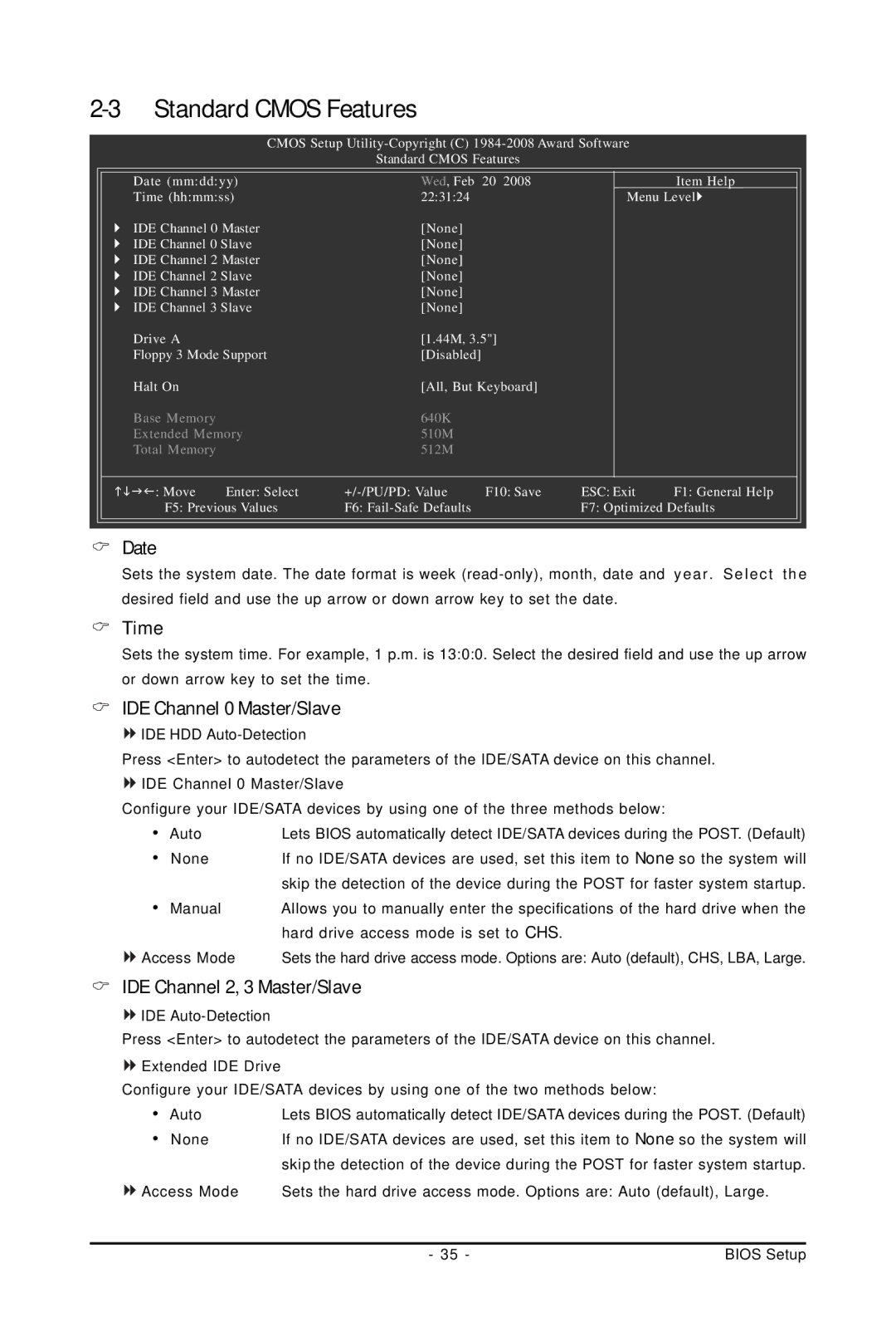 Gigabyte GA-P31-ES3G user manual Date, Time, IDE Channel 0 Master/Slave, IDE Channel 2, 3 Master/Slave 