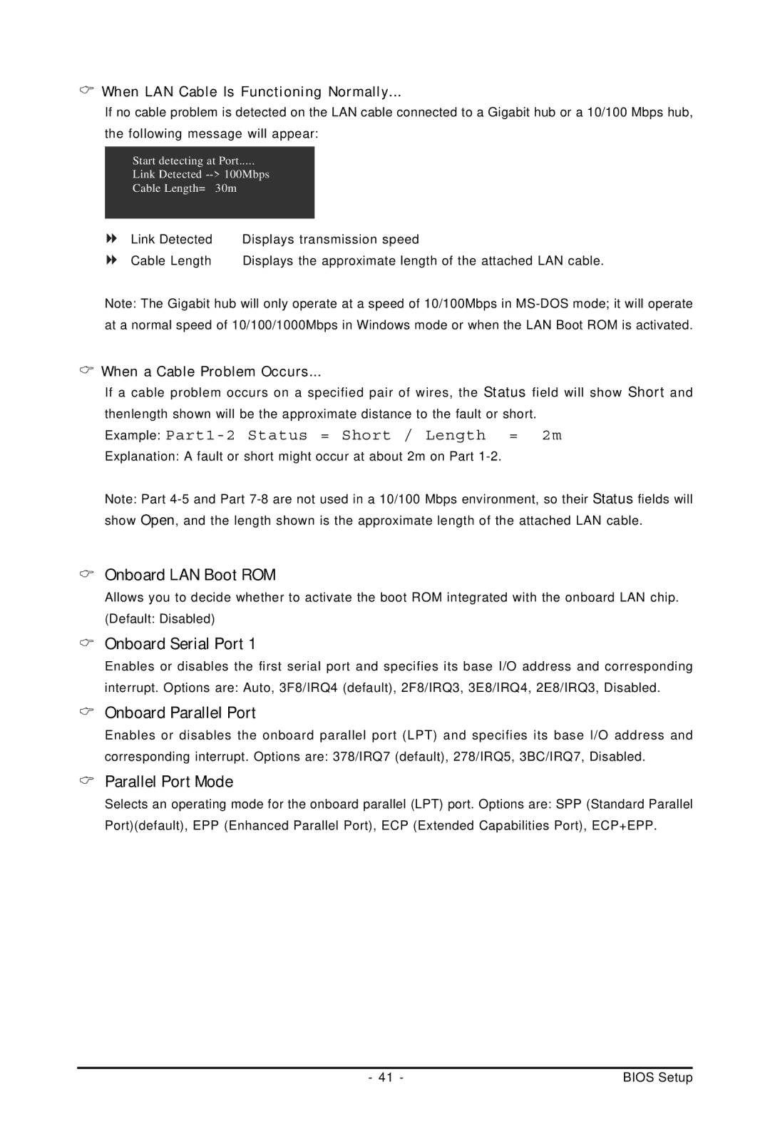 Gigabyte GA-P31-ES3G user manual Onboard LAN Boot ROM, Onboard Serial Port, Onboard Parallel Port, Parallel Port Mode 