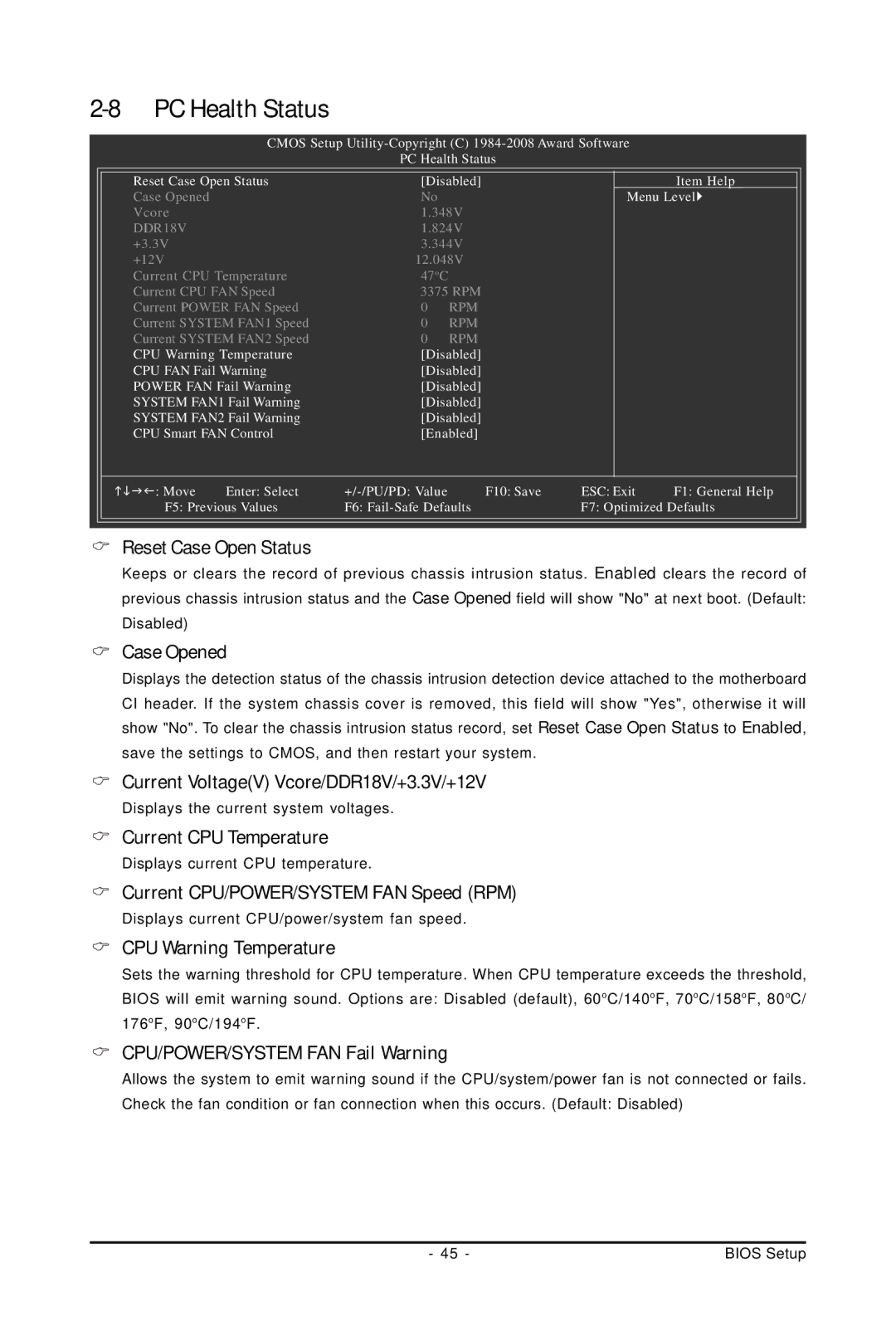 Gigabyte GA-P31-ES3G user manual Reset Case Open Status, Case Opened, Current VoltageV Vcore/DDR18V/+3.3V/+12V 