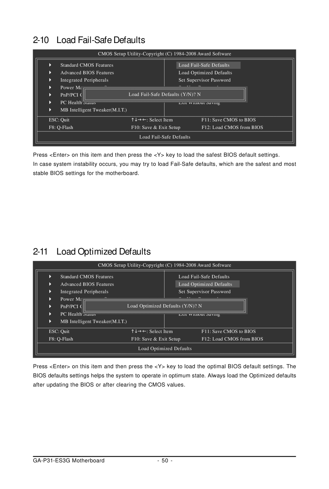 Gigabyte GA-P31-ES3G user manual Load Fail-Safe Defaults, Load Optimized Defaults 