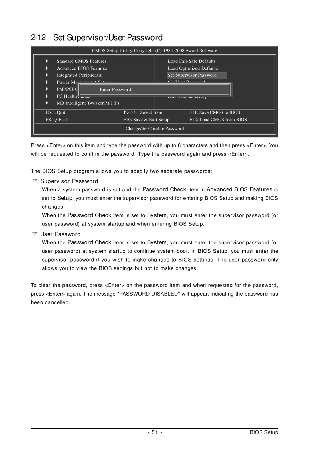 Gigabyte GA-P31-ES3G user manual Set Supervisor/User Password 