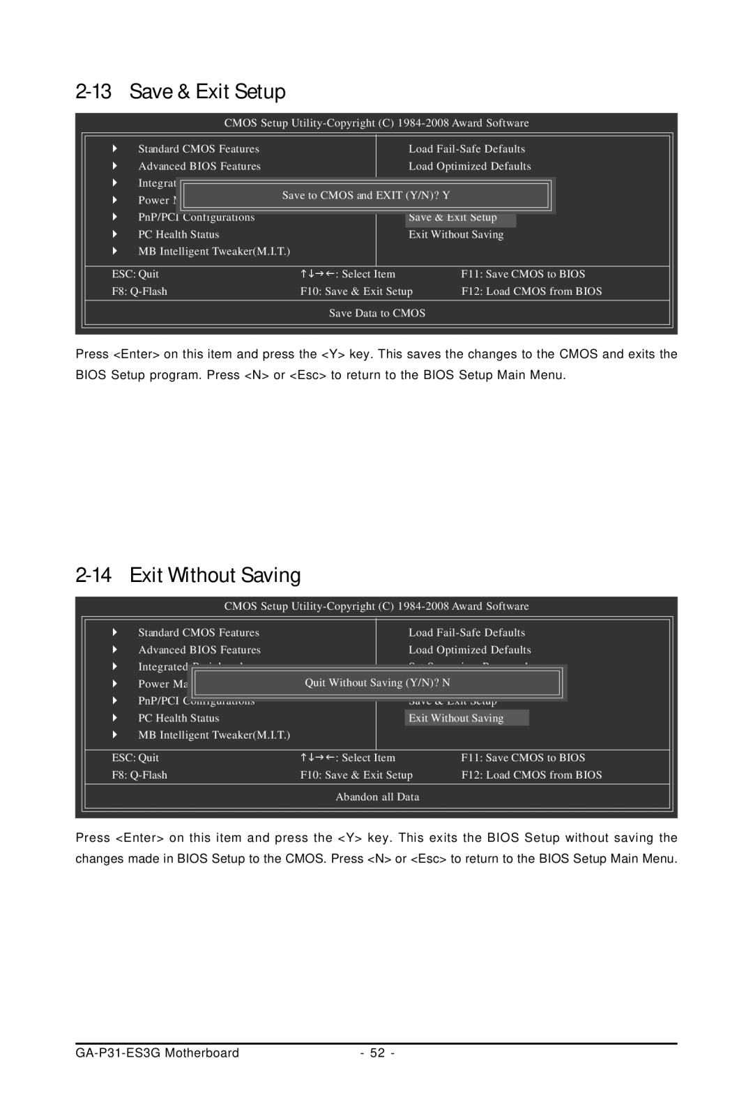 Gigabyte GA-P31-ES3G user manual Save & Exit Setup, Exit Without Saving 