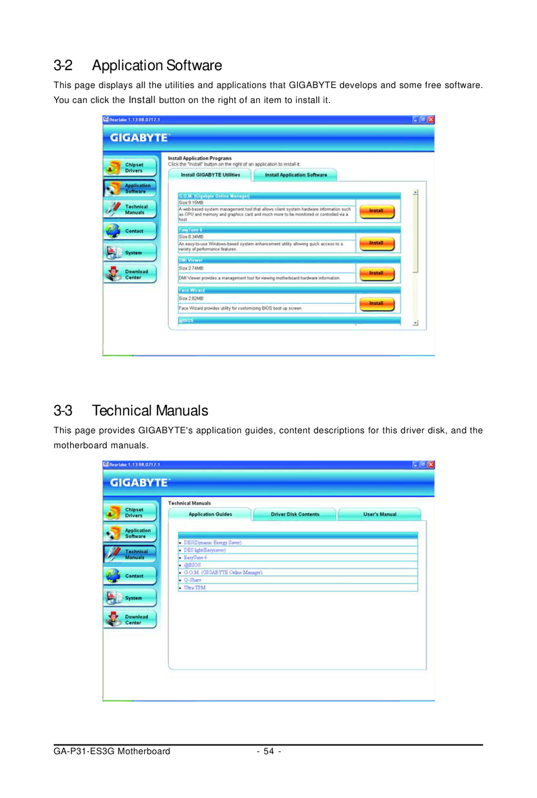 Gigabyte GA-P31-ES3G user manual Application Software, Technical Manuals 