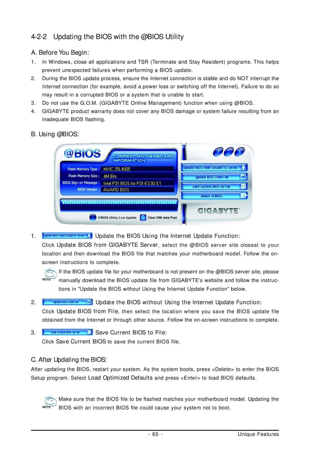 Gigabyte GA-P31-ES3G user manual Updating the Bios with the @BIOS Utility, Using @BIOS, After Updating the Bios 