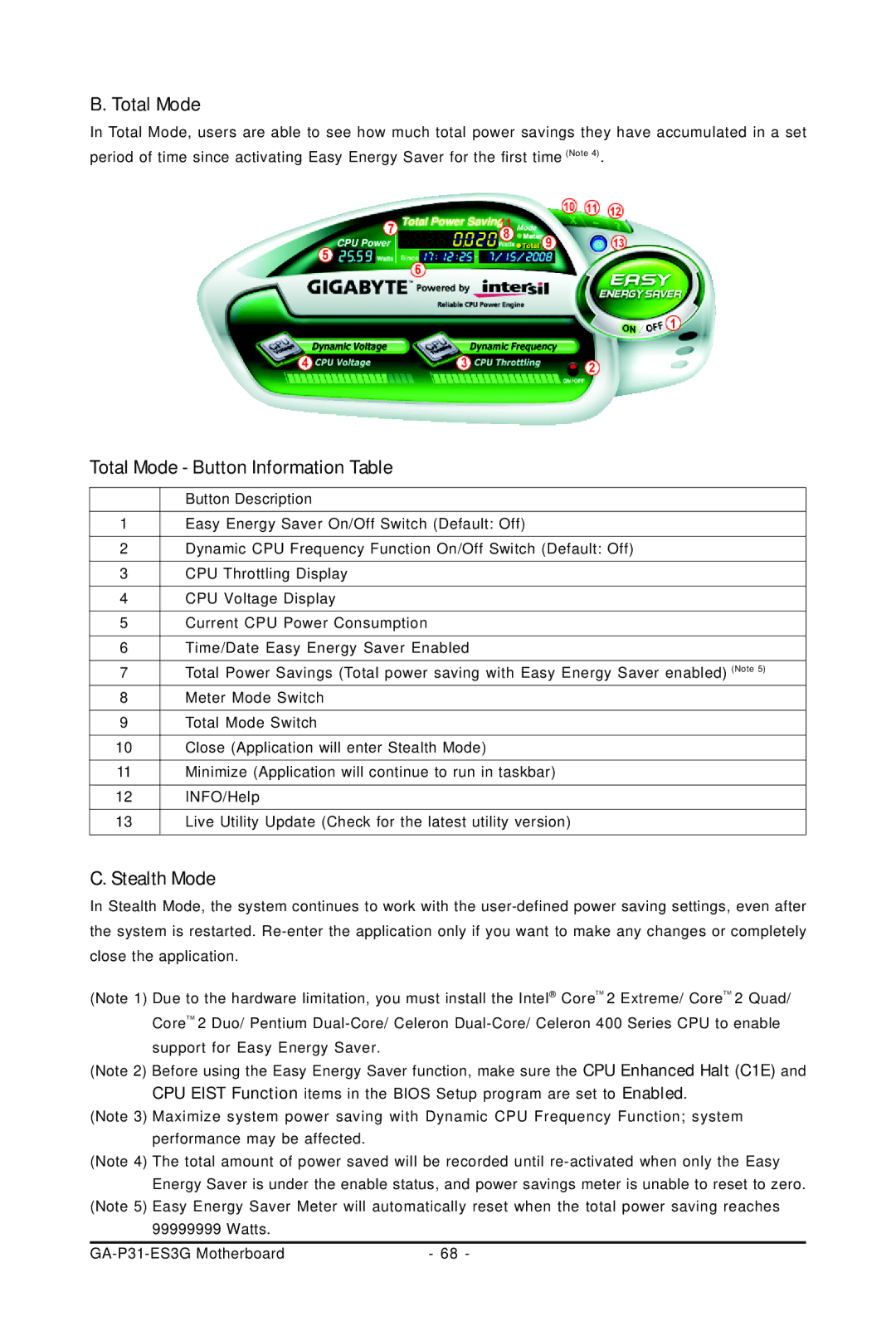 Gigabyte GA-P31-ES3G user manual Total Mode Button Information Table, Stealth Mode 