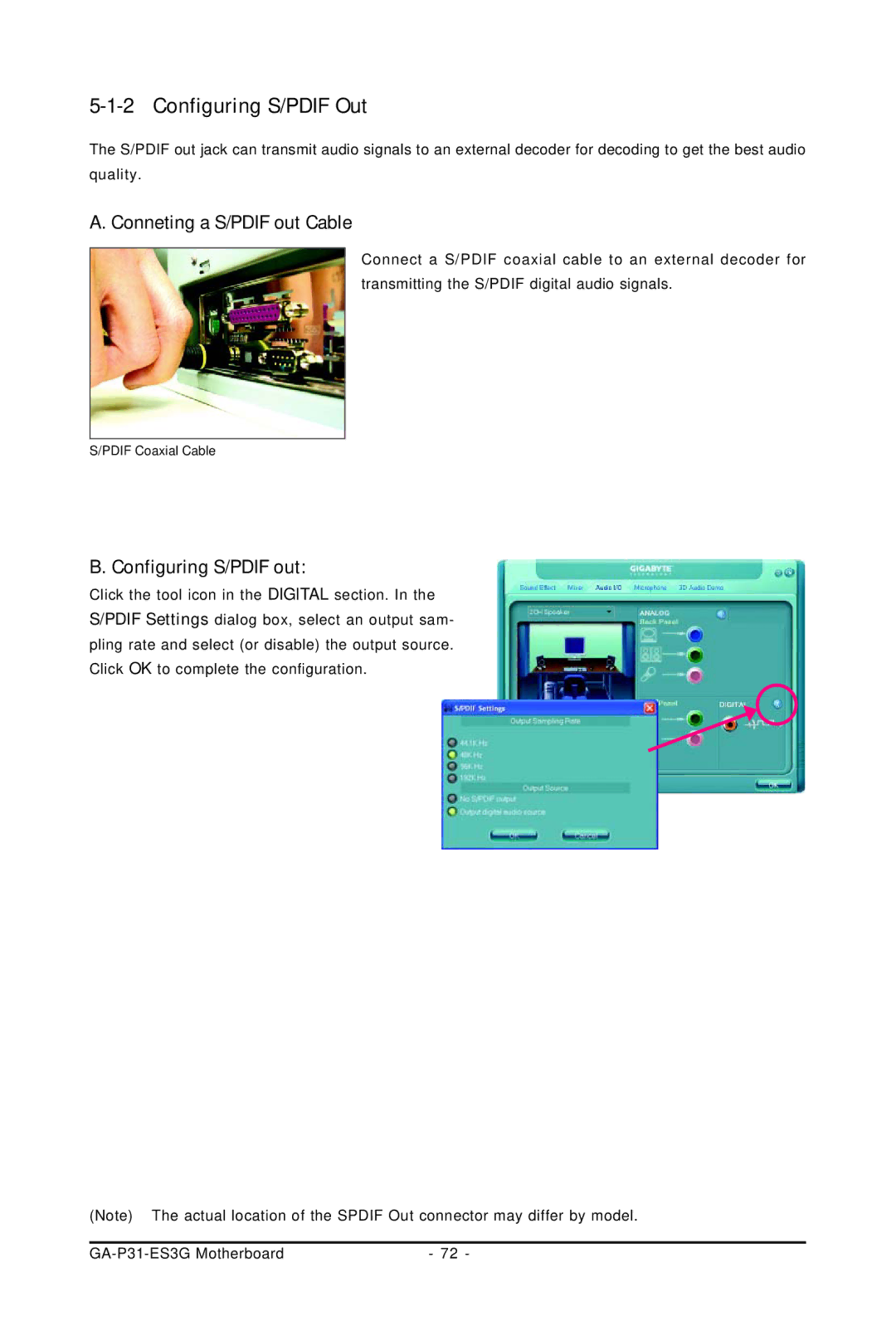 Gigabyte GA-P31-ES3G user manual Configuring S/PDIF Out, Conneting a S/PDIF out Cable, Configuring S/PDIF out 