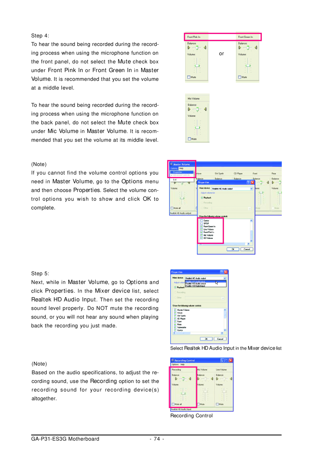 Gigabyte GA-P31-ES3G user manual Select Realtek HD Audio Input in the Mixer device list 