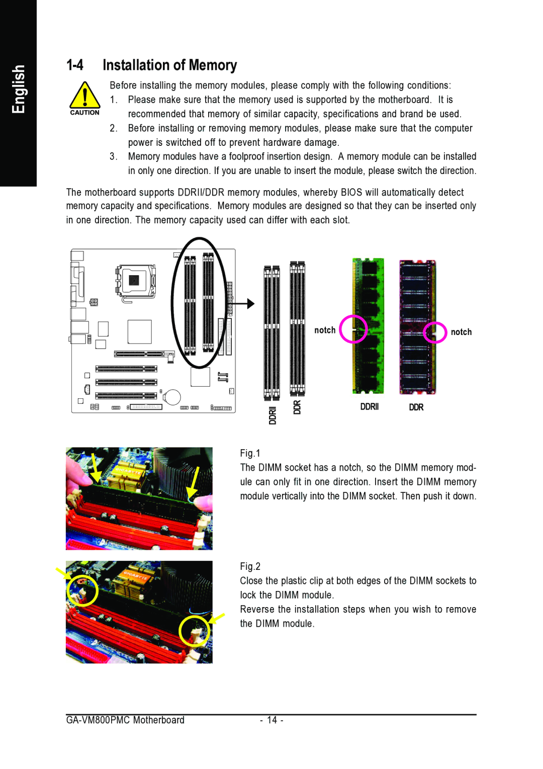 Gigabyte GA-VM800PMC user manual Installation of Memory 