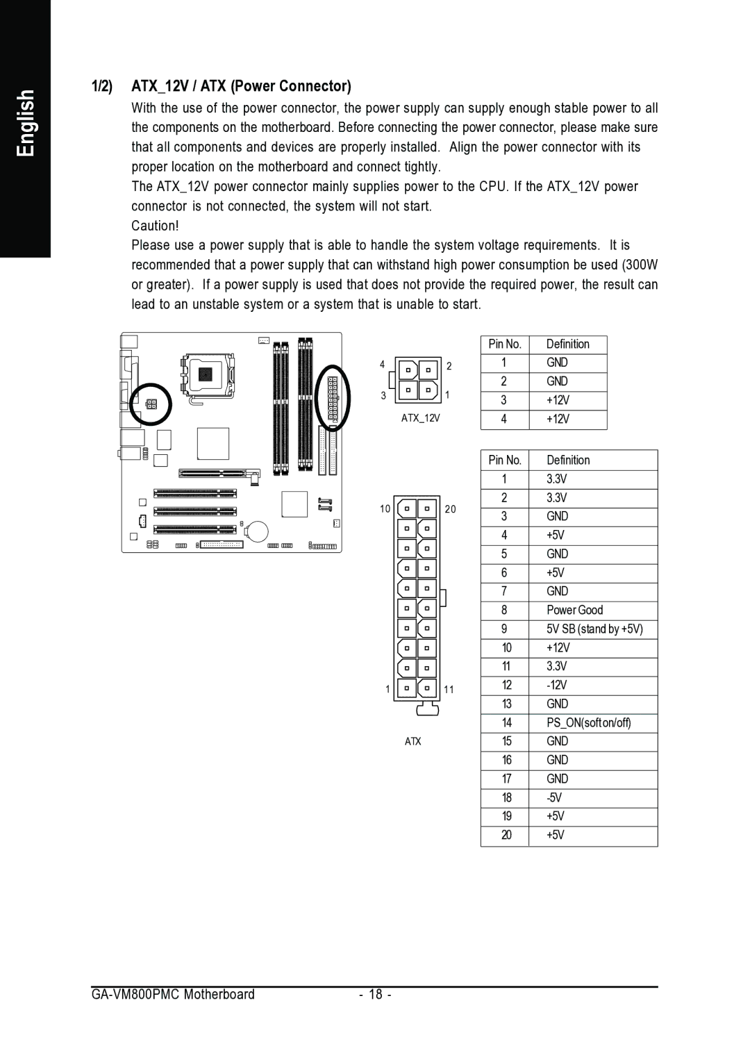 Gigabyte GA-VM800PMC user manual ATX12V / ATX Power Connector 