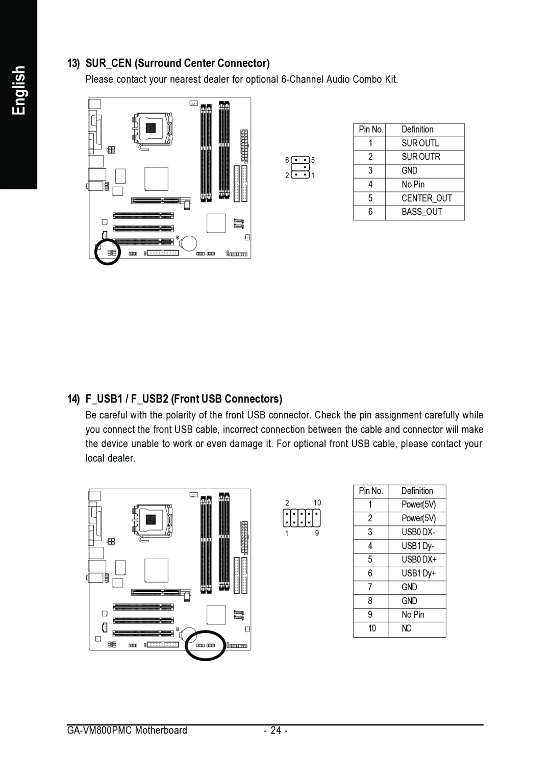 Gigabyte GA-VM800PMC user manual Surcen Surround Center Connector, FUSB1 / FUSB2 Front USB Connectors 