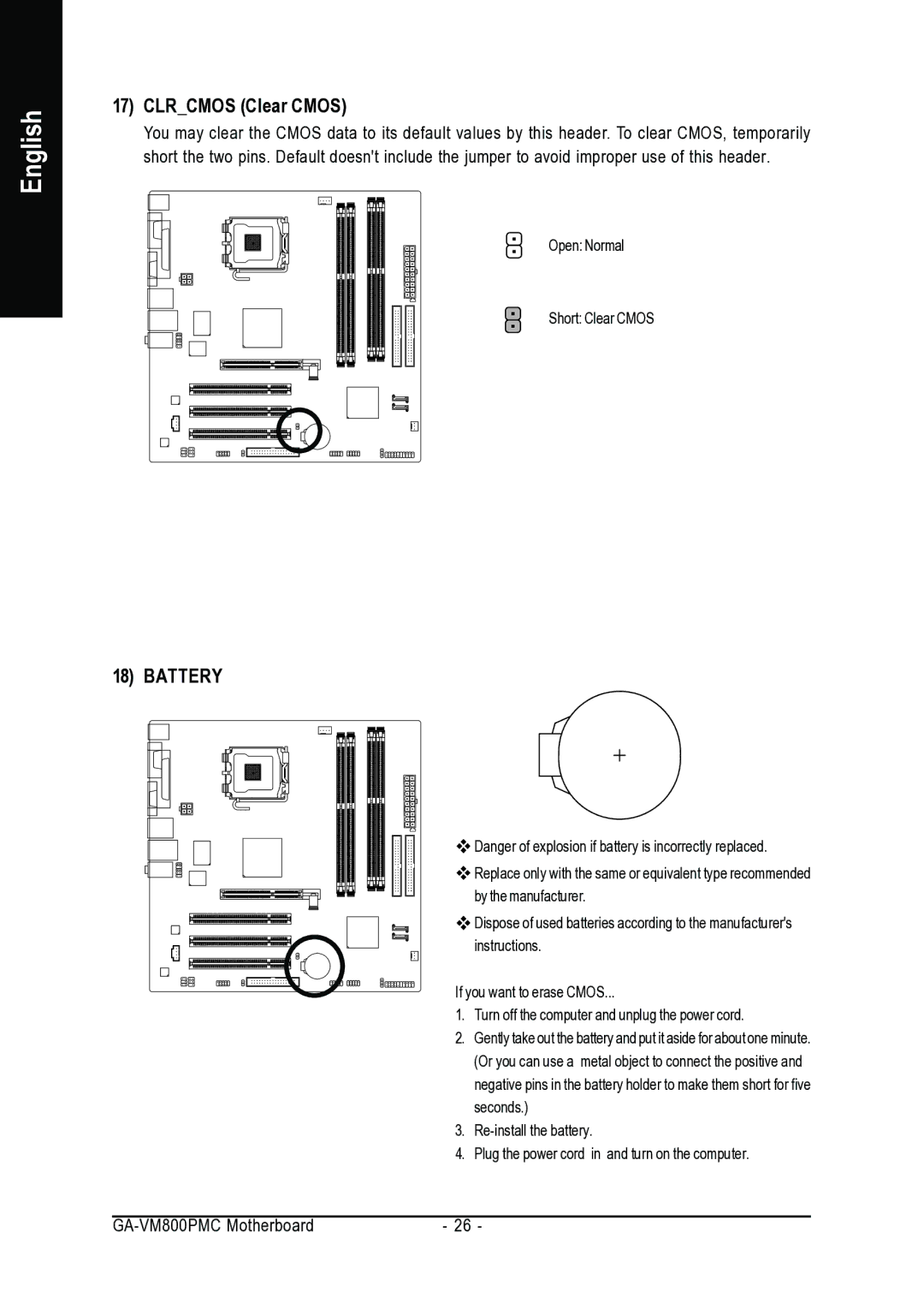 Gigabyte GA-VM800PMC user manual Clrcmos Clear Cmos, Battery 