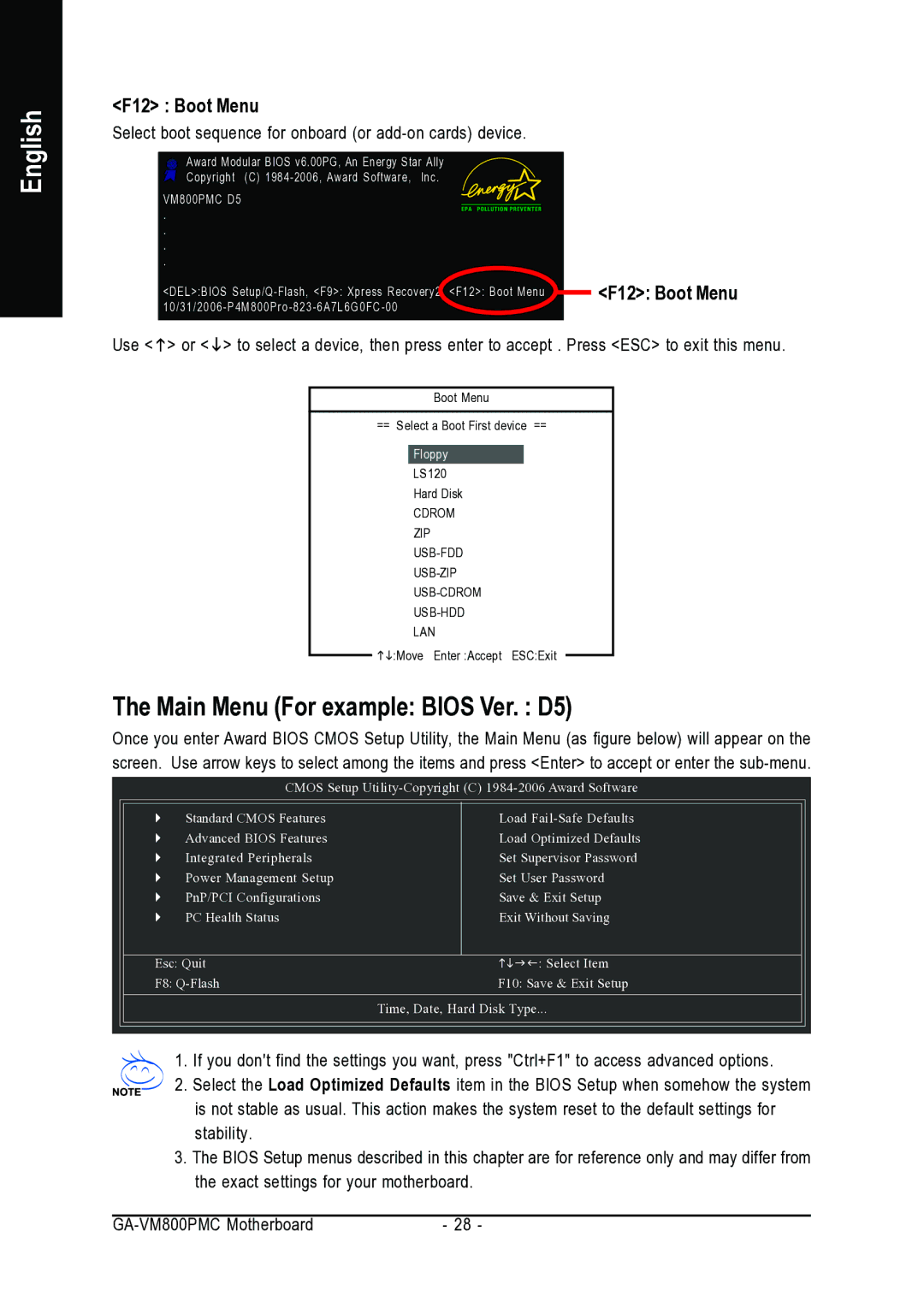 Gigabyte GA-VM800PMC user manual Main Menu For example Bios Ver. D5, F12 Boot Menu 