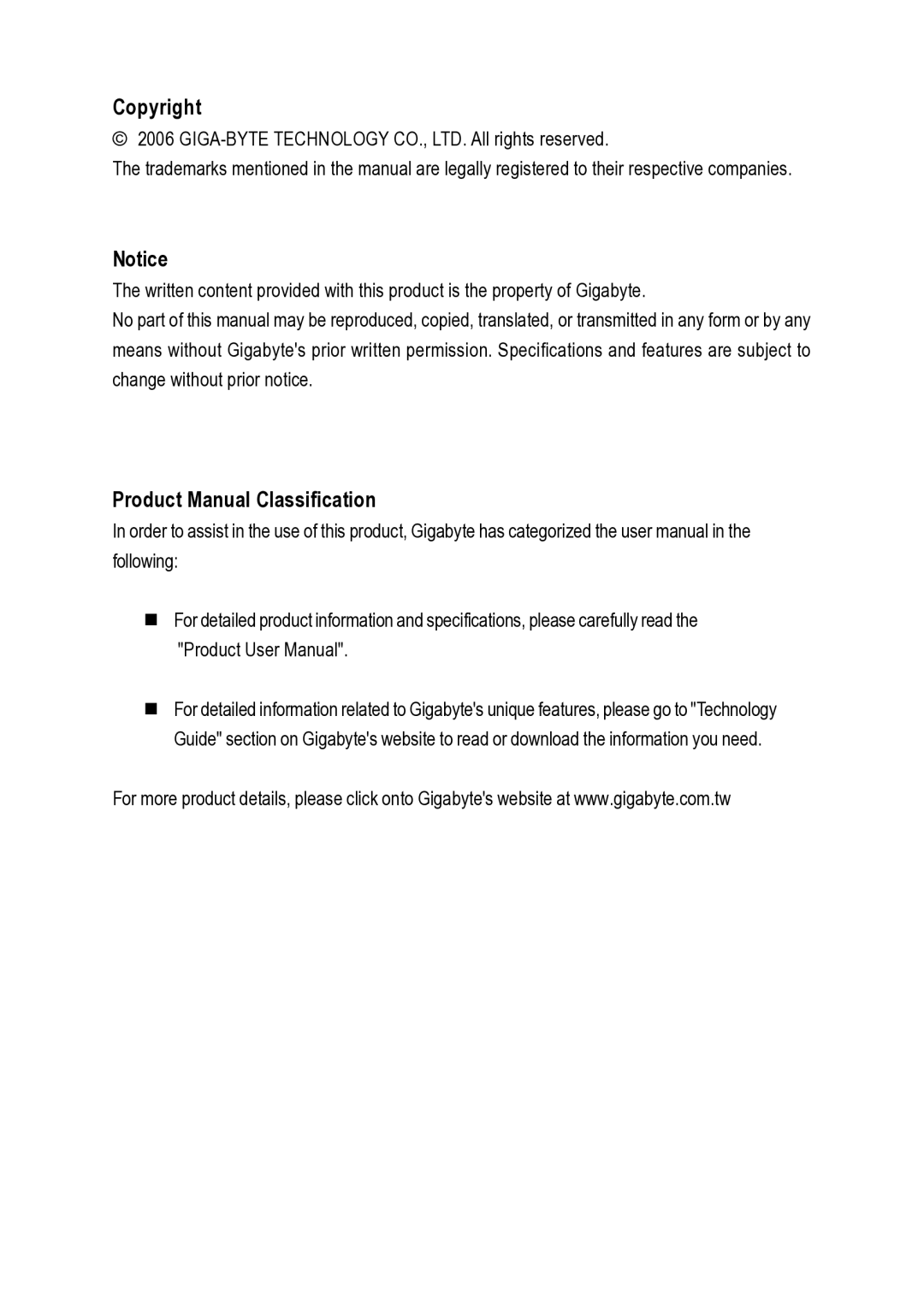 Gigabyte GA-VM800PMC user manual Copyright, Product Manual Classification 