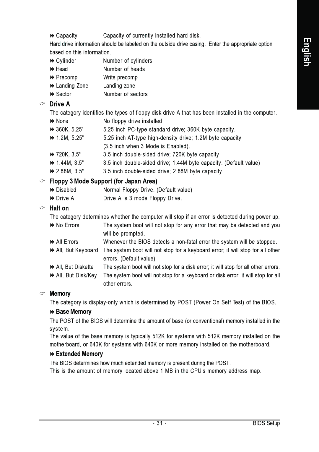 Gigabyte GA-VM800PMC user manual Drive a, Floppy 3 Mode Support for Japan Area, Halt on, Base Memory, Extended Memory 