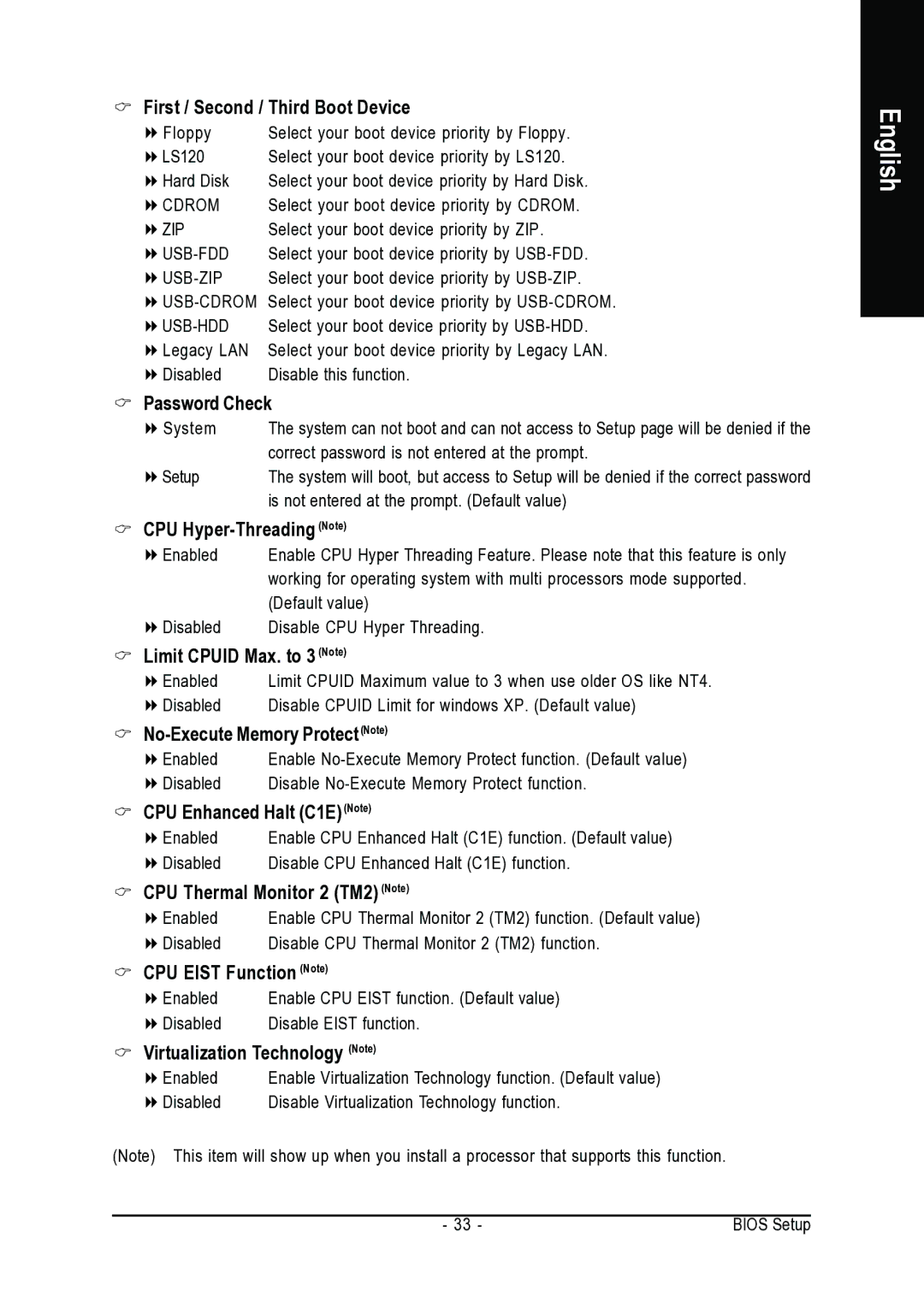 Gigabyte GA-VM800PMC First / Second / Third Boot Device, Password Check, CPU Hyper-Threading Note, CPU Eist Function Note 