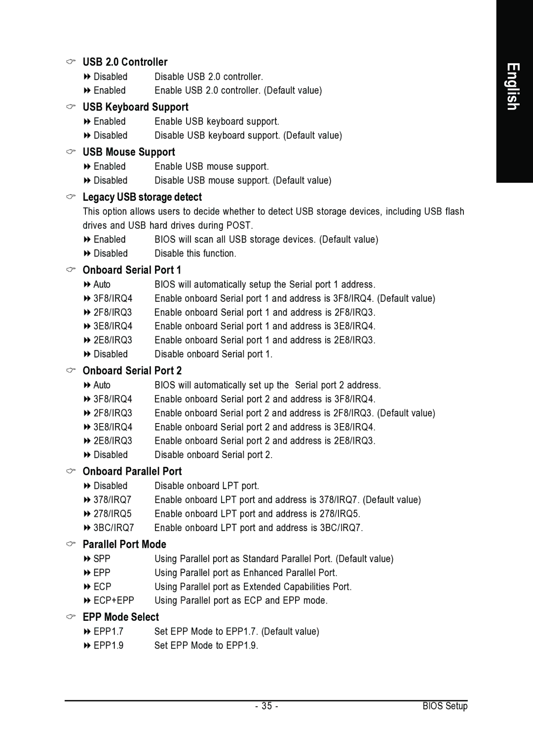 Gigabyte GA-VM800PMC user manual USB 2.0 Controller, USB Keyboard Support, USB Mouse Support, Legacy USB storage detect 