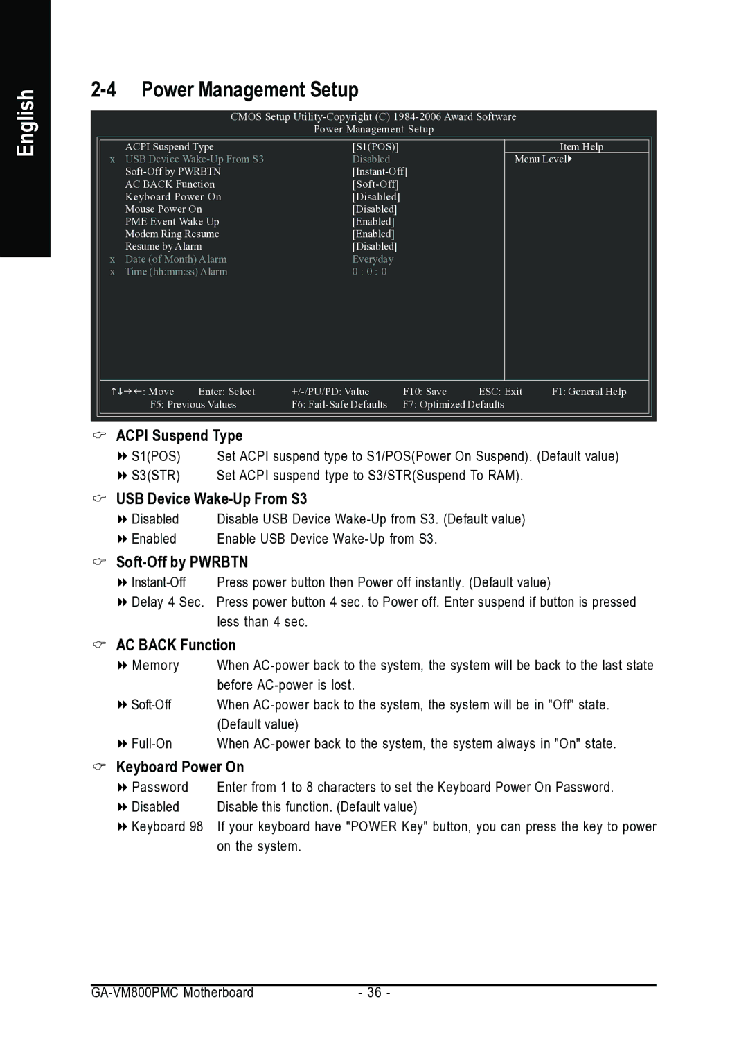 Gigabyte GA-VM800PMC user manual Power Management Setup 