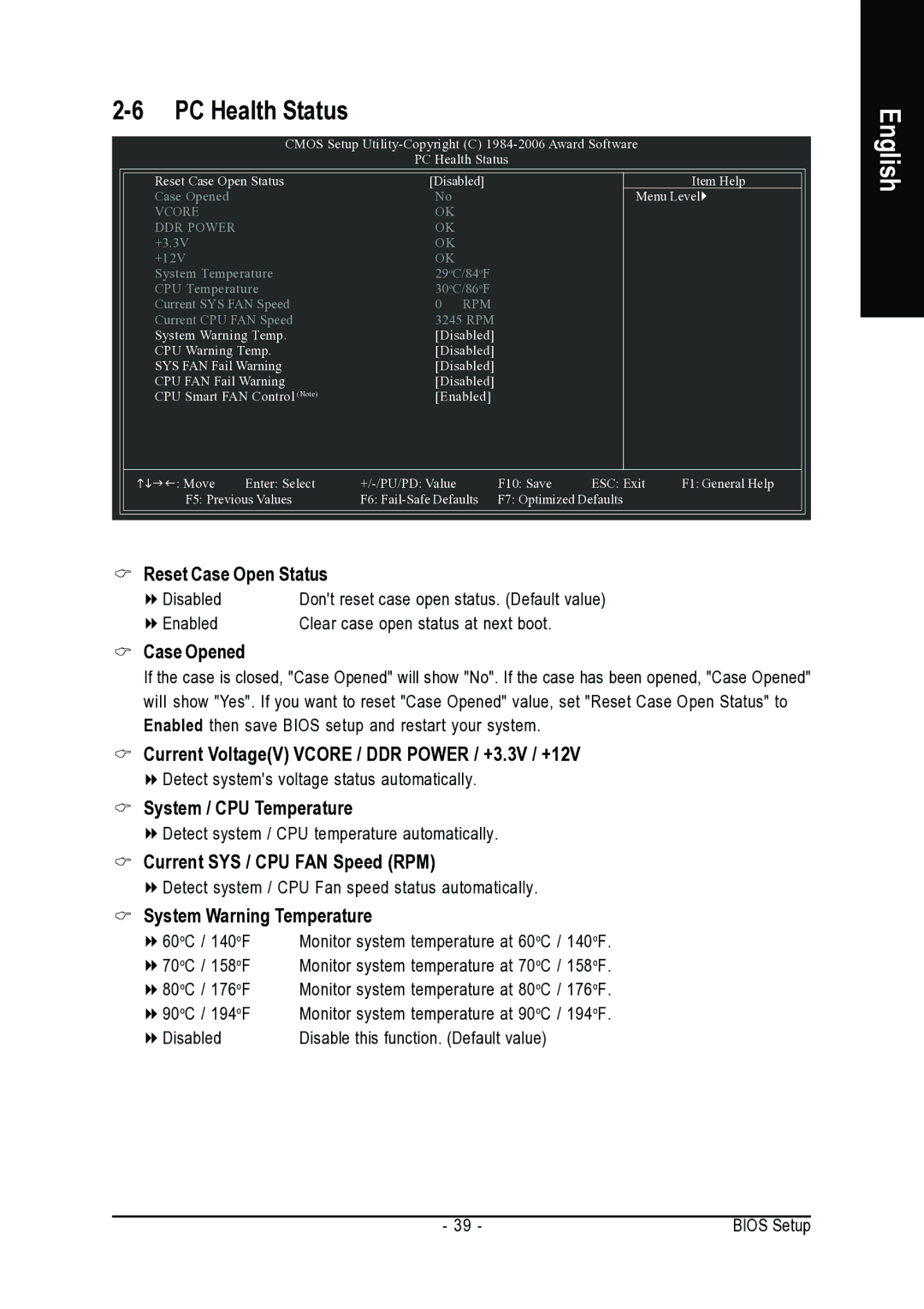 Gigabyte GA-VM800PMC user manual Case Opened, Current VoltageV Vcore / DDR Power / +3.3V / +12V, System / CPU Temperature 