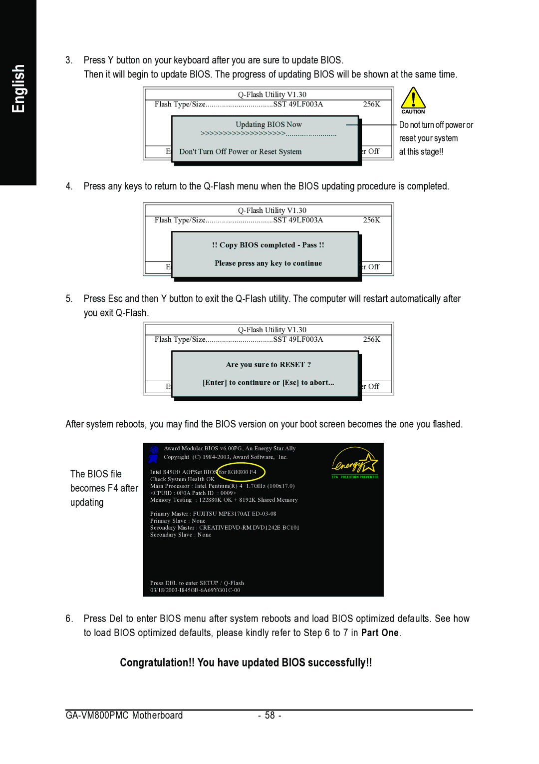 Gigabyte GA-VM800PMC user manual Congratulation!! You have updated Bios successfully 