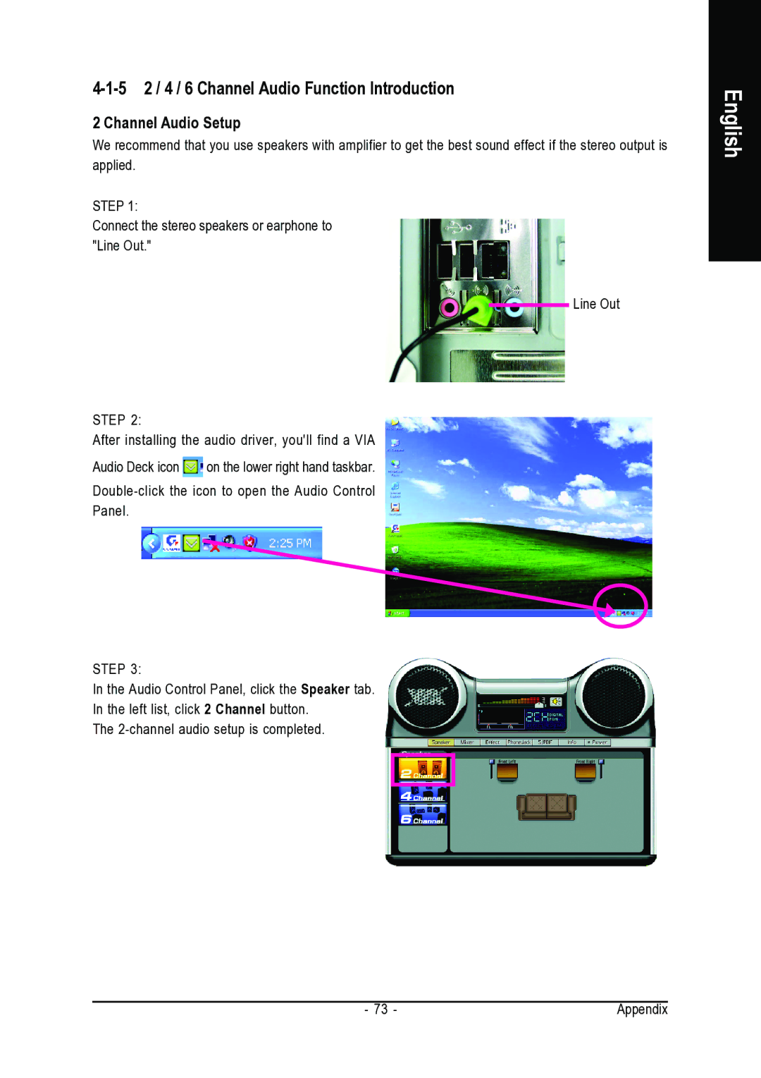 Gigabyte GA-VM800PMC user manual 5 2 / 4 / 6 Channel Audio Function Introduction, Channel Audio Setup 