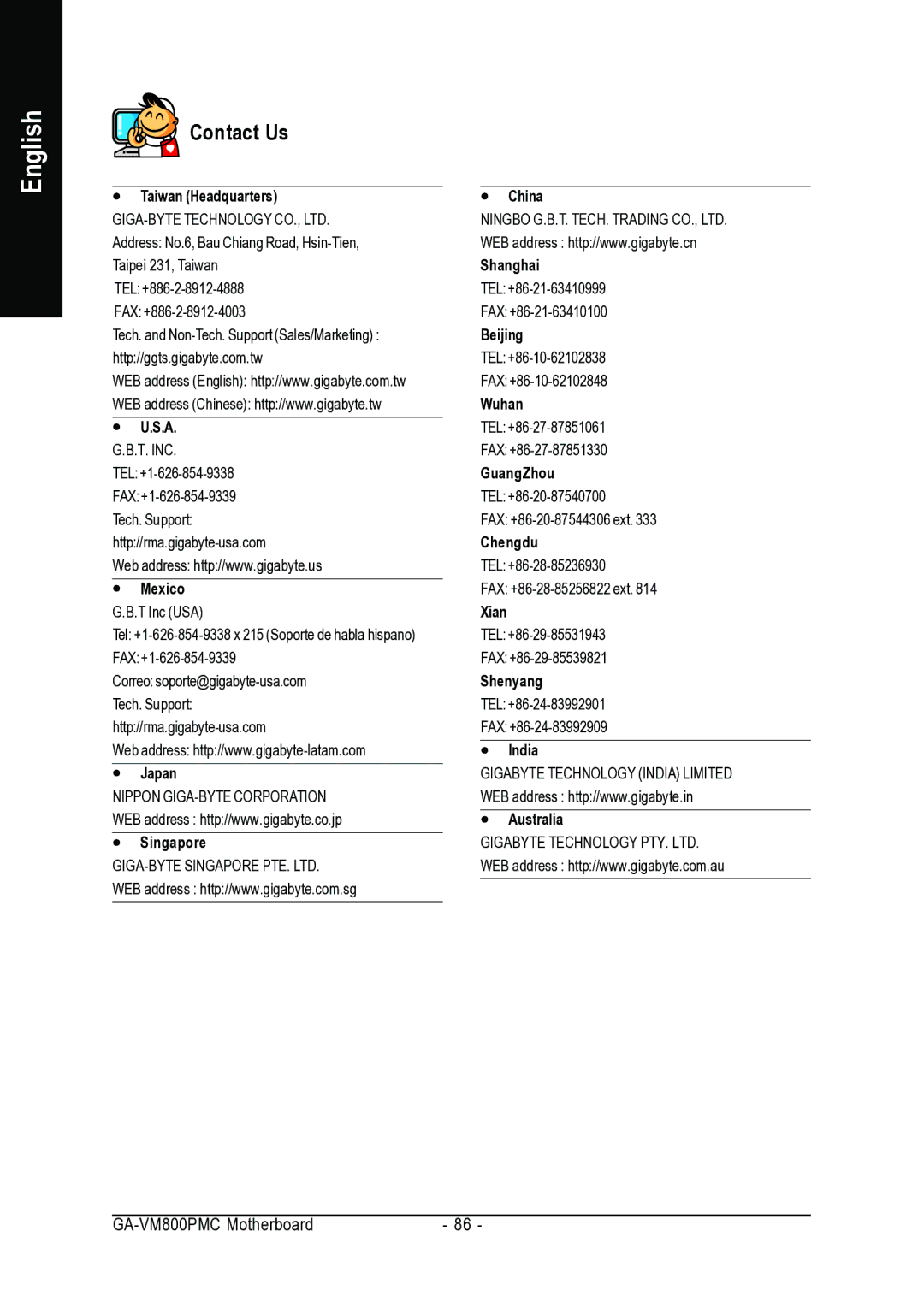 Gigabyte GA-VM800PMC user manual Contact Us, Taiwan Headquarters 