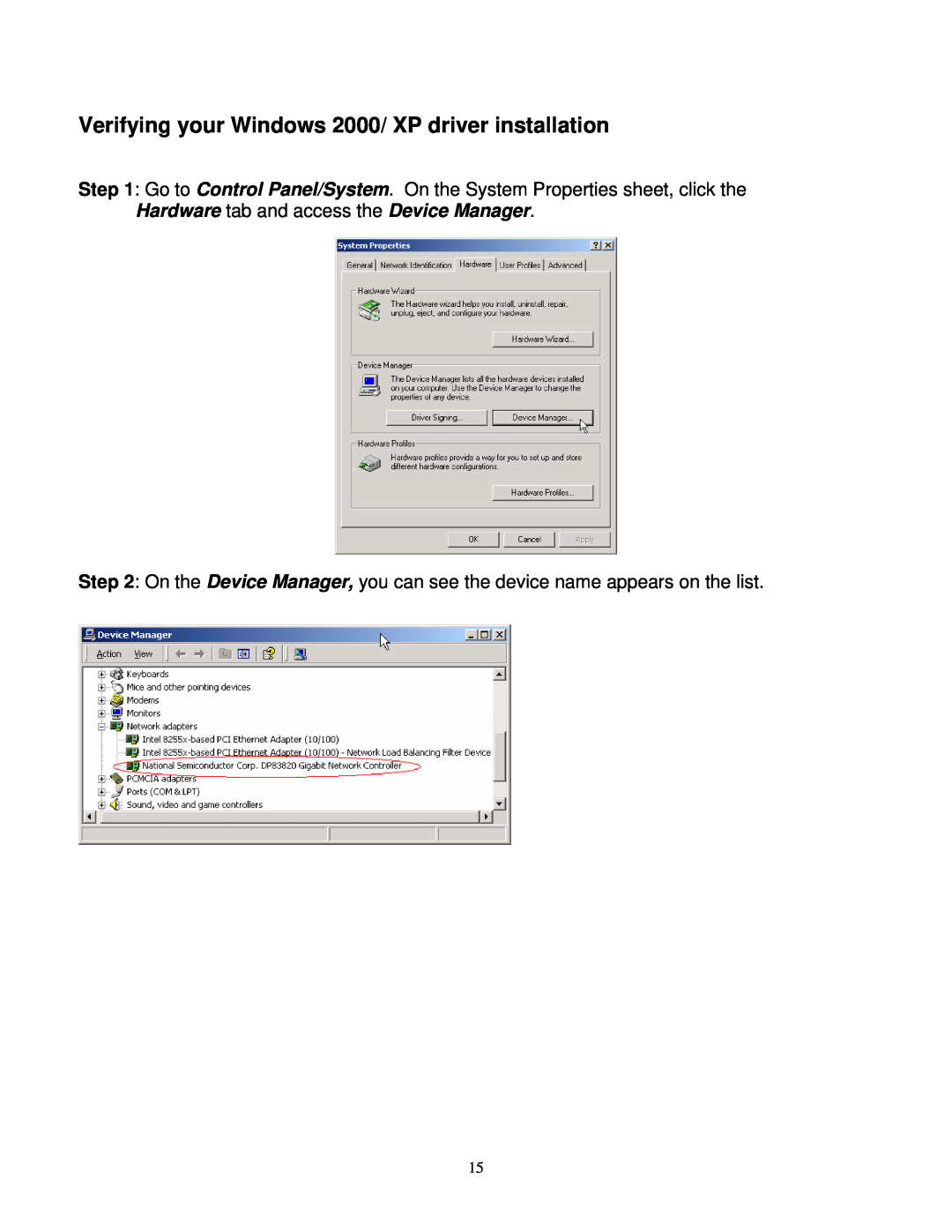 Gigabyte GE 2000-N user manual Verifying your Windows 2000/ XP driver installation 