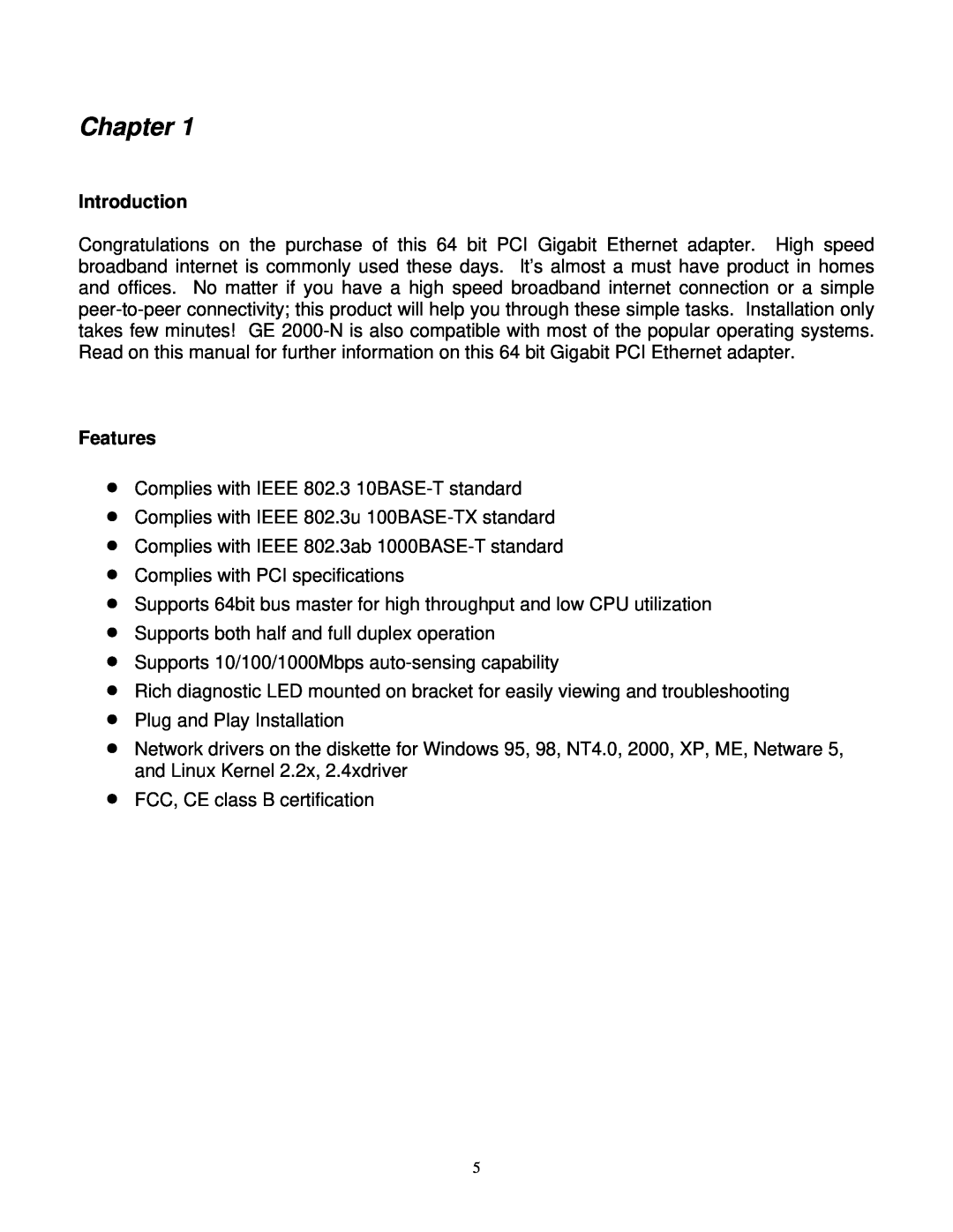 Gigabyte GE 2000-N user manual Chapter, Introduction, Features 