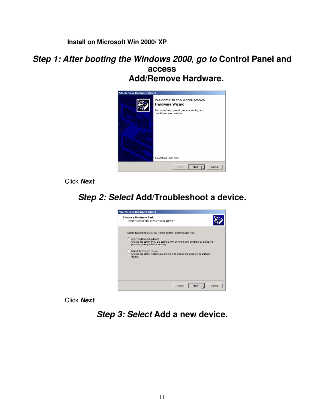 Gigabyte GE 2000-N user manual Select Add a new device, Install on Microsoft Win 2000/ XP 