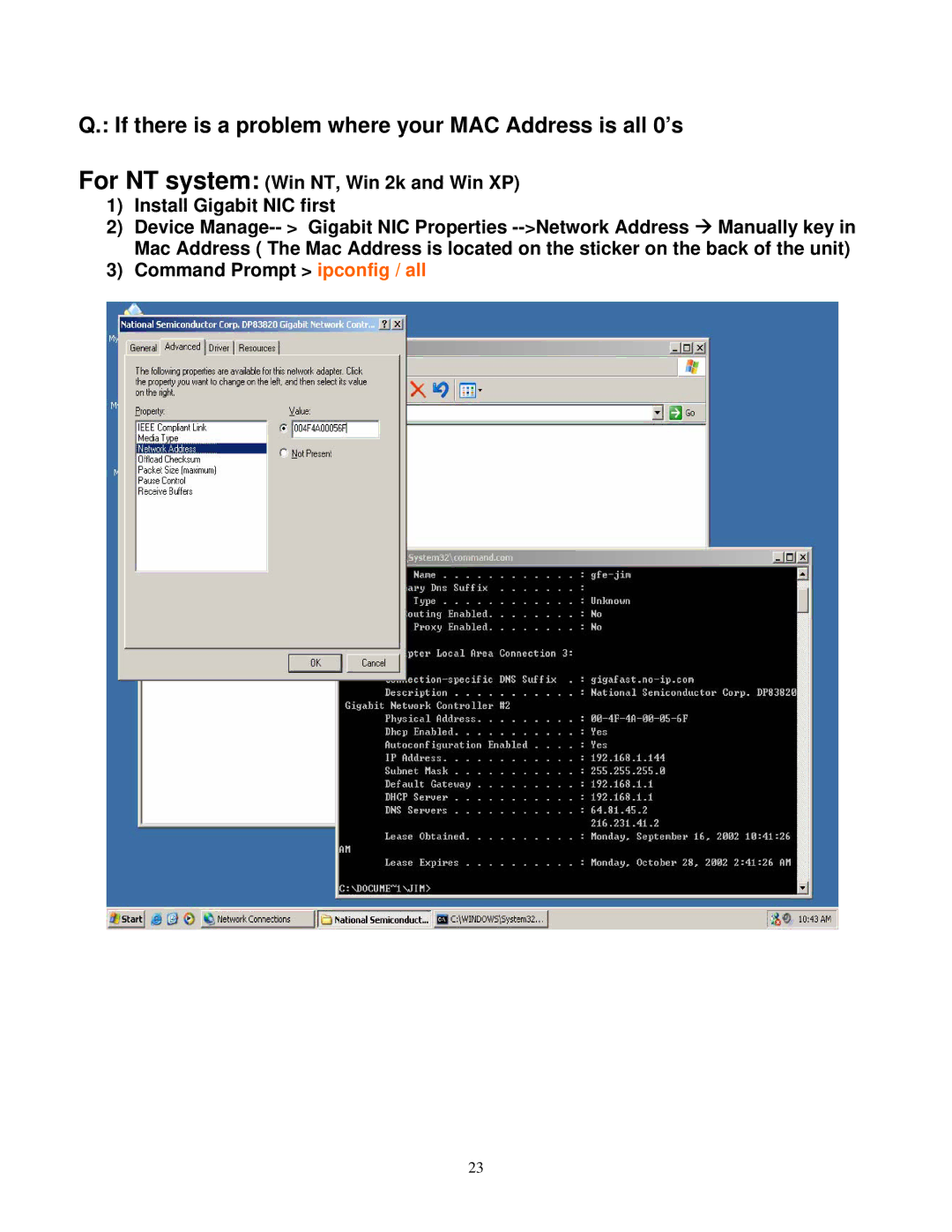 Gigabyte GE 2000-N user manual If there is a problem where your MAC Address is all 0’s 