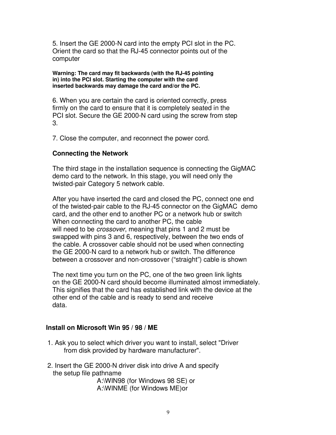 Gigabyte GE 2000-N user manual Connecting the Network, Install on Microsoft Win 95 / 98 / ME 