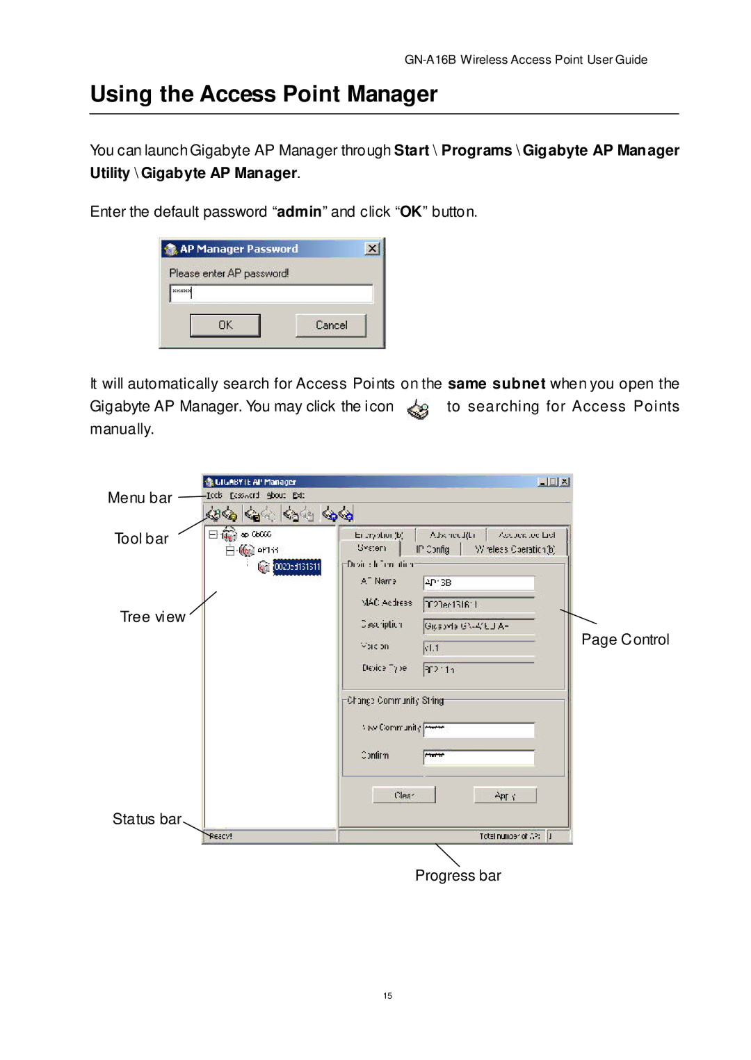 Gigabyte GN-A16B manual Using the Access Point Manager 