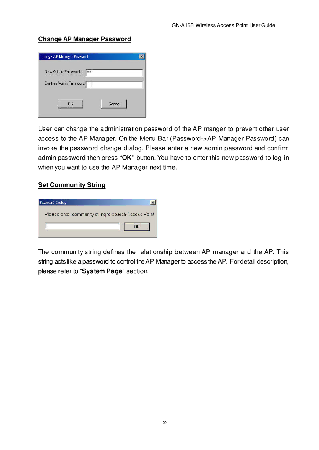 Gigabyte GN-A16B manual Change AP Manager Password, Set Community String 