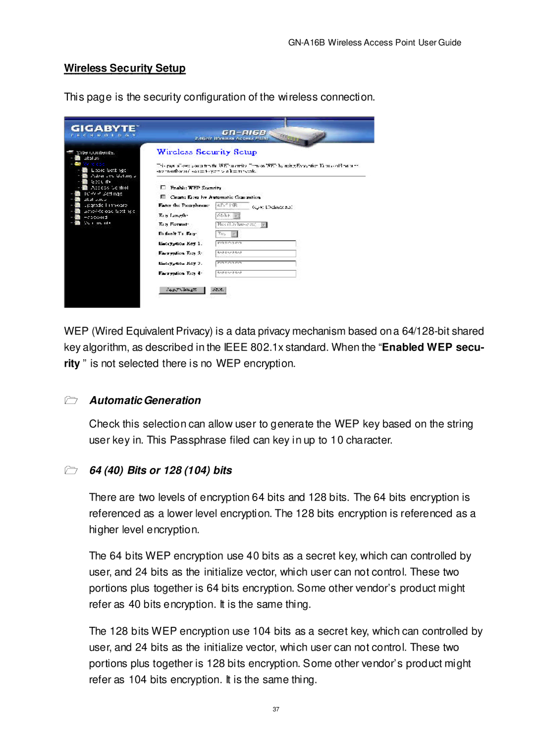 Gigabyte GN-A16B manual Wireless Security Setup, Automatic Generation 