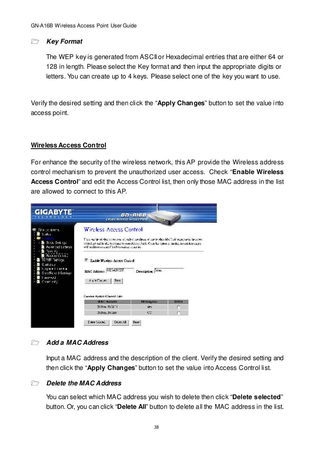 Gigabyte GN-A16B manual Key Format, Wireless Access Control, Add a MAC Address, Delete the MAC Address 