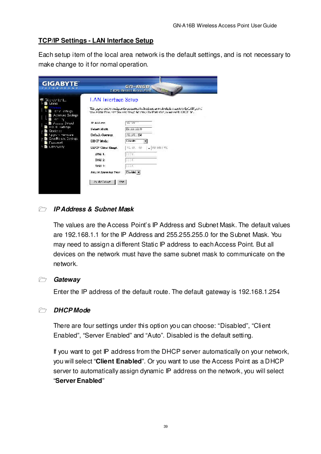 Gigabyte GN-A16B manual TCP/IP Settings LAN Interface Setup, IP Address & Subnet Mask 