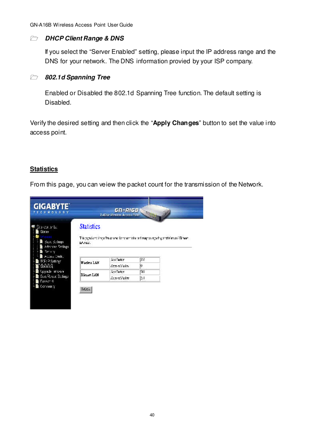 Gigabyte GN-A16B manual Dhcp Client Range & DNS, Statistics 