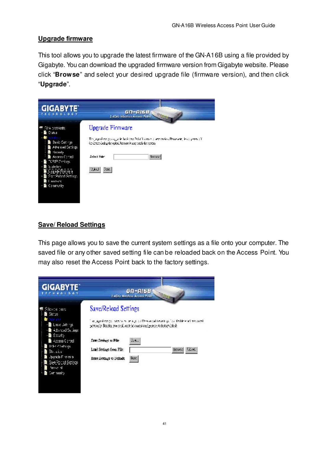 Gigabyte GN-A16B manual Upgrade firmware, Save/ Reload Settings 