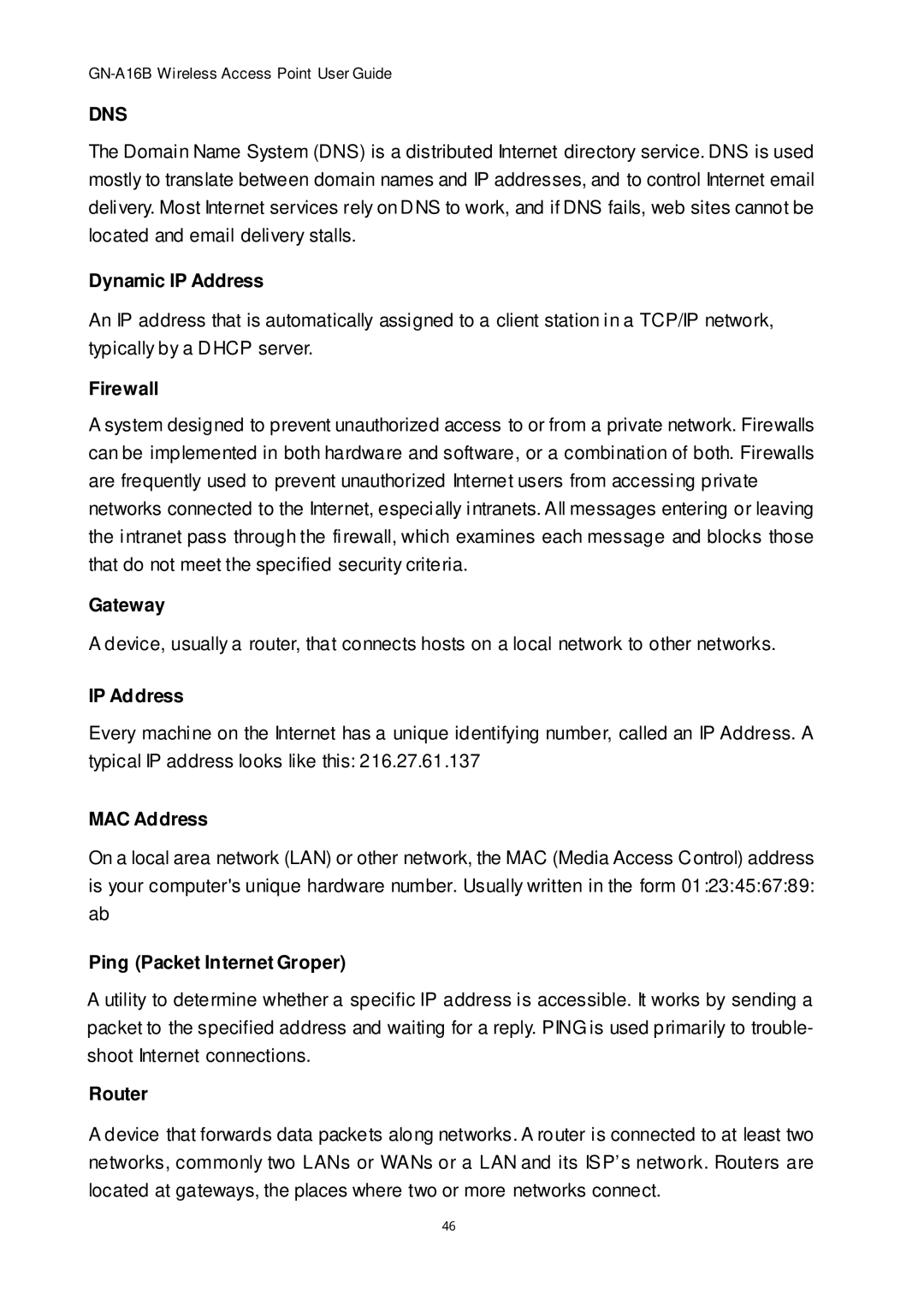 Gigabyte GN-A16B manual Dynamic IP Address, Firewall, Gateway, MAC Address, Ping Packet Internet Groper, Router 