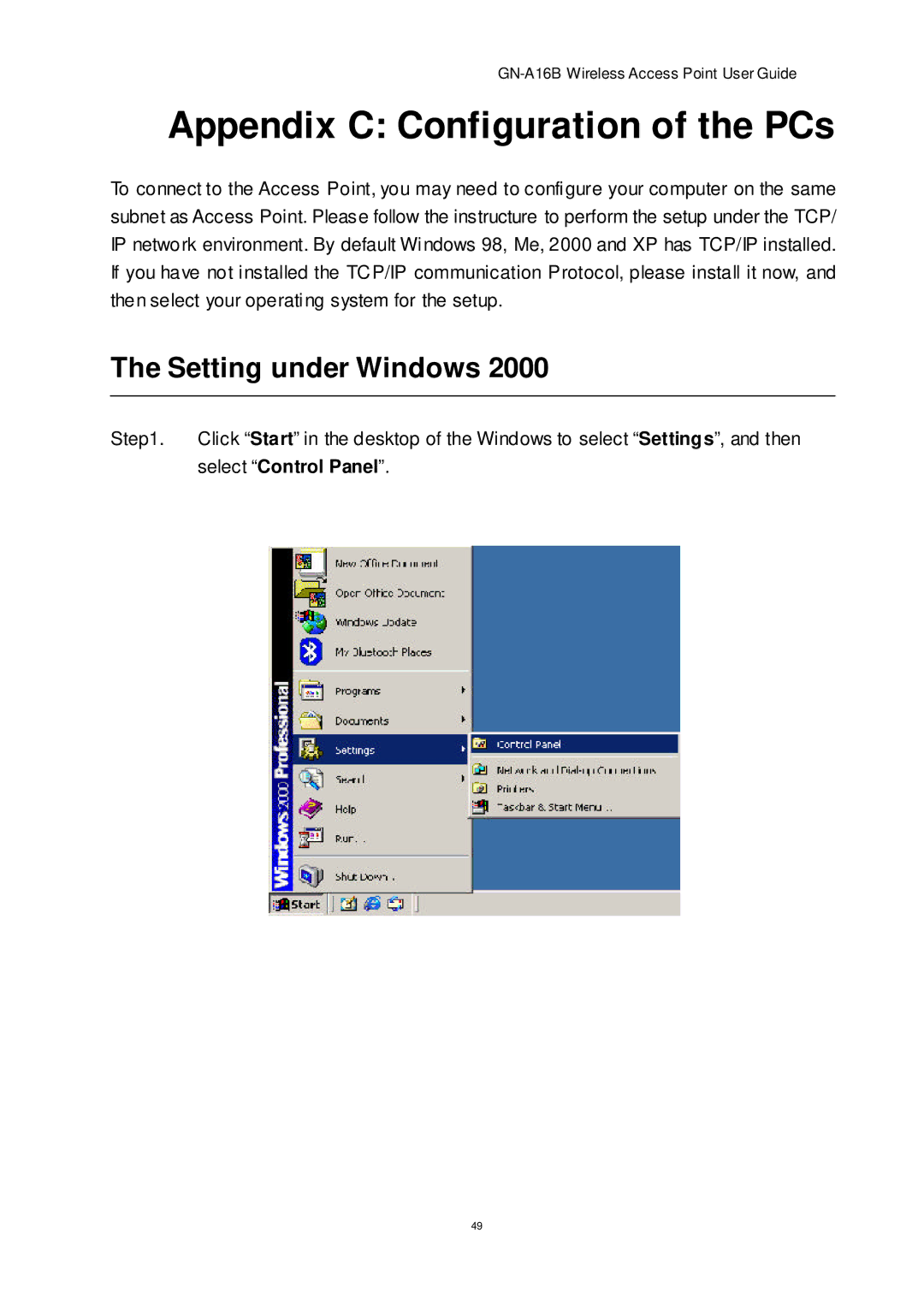 Gigabyte GN-A16B manual Appendix C Configuration of the PCs, Setting under Windows, Select Control Panel 