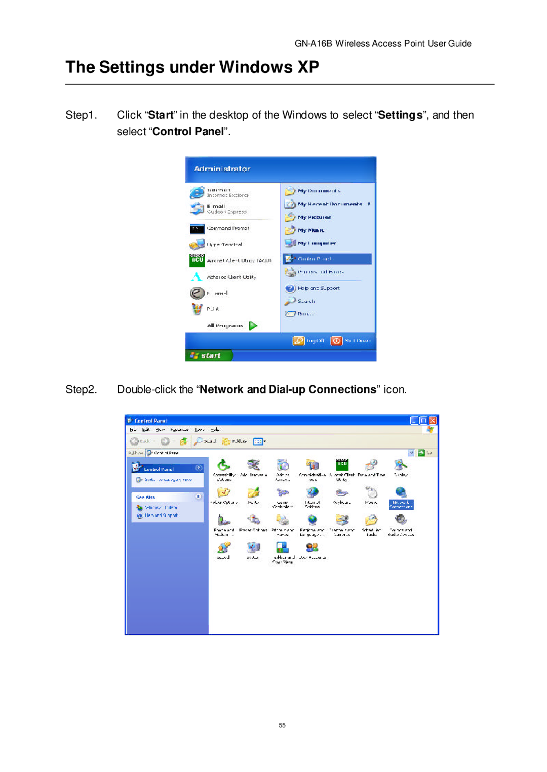 Gigabyte GN-A16B manual Settings under Windows XP, Select Control Panel 